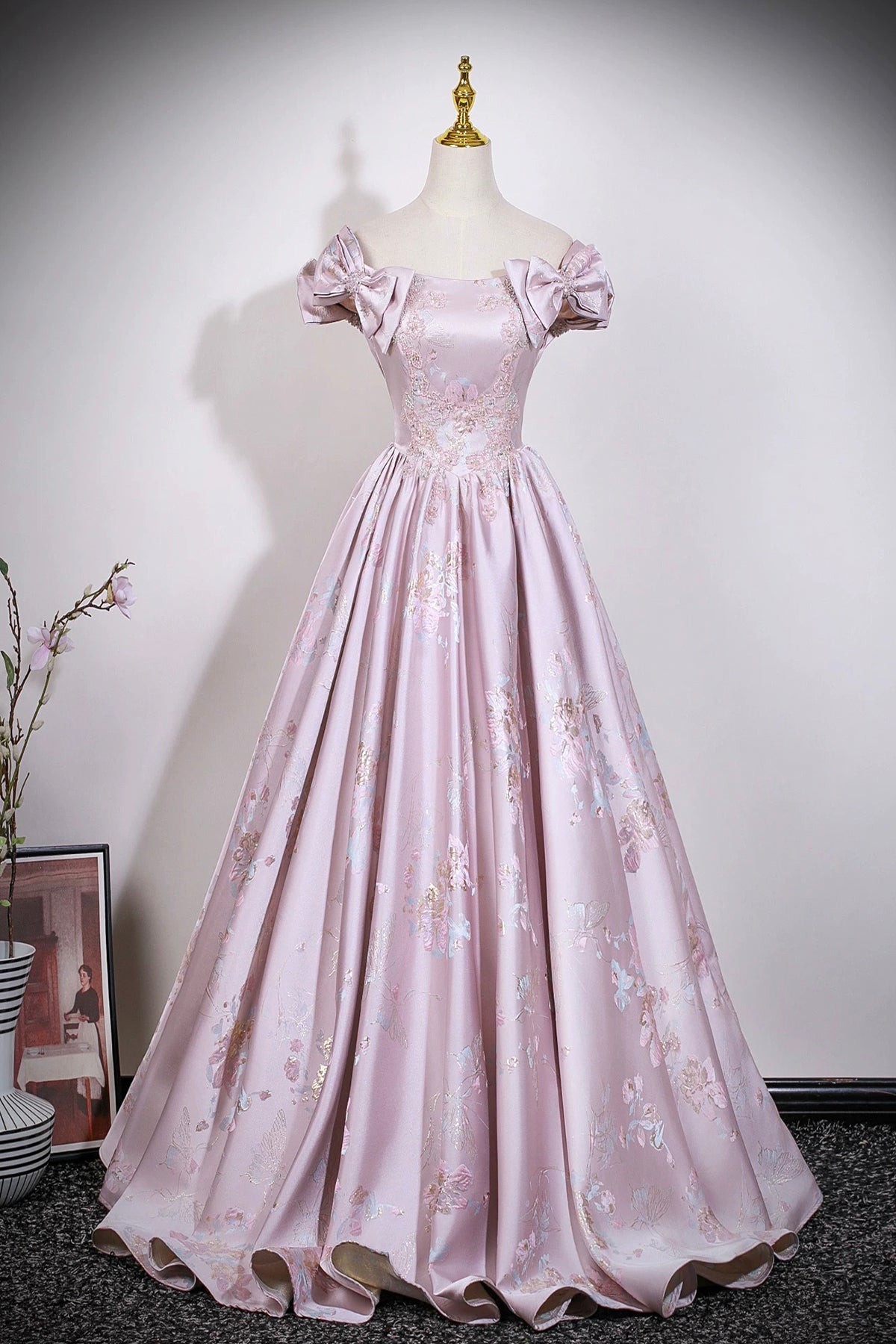 Pink Floral Satin Off‑Shoulder Prom Dress | Luxury Evening Gown