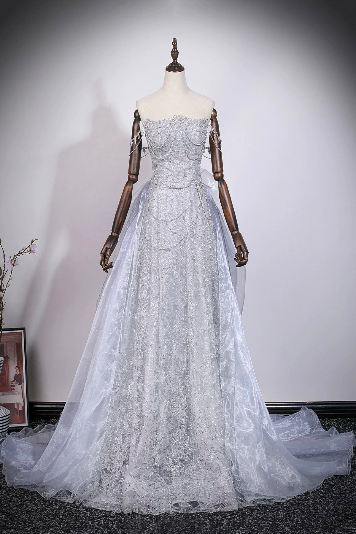 Gray Glitter Detachable Overskirt Prom Dress | Luxury Evening Gown