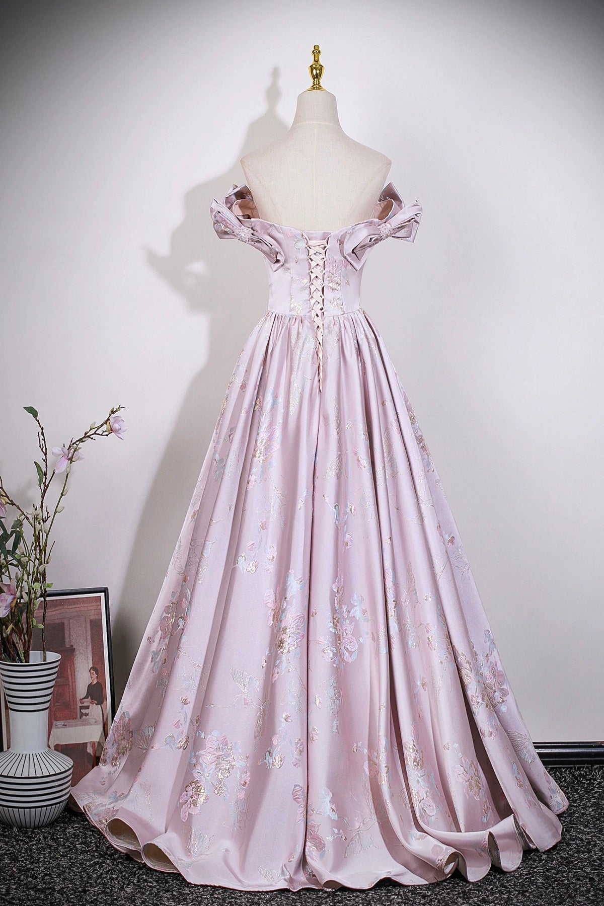Pink Floral Satin Off‑Shoulder Prom Dress | Luxury Evening Gown