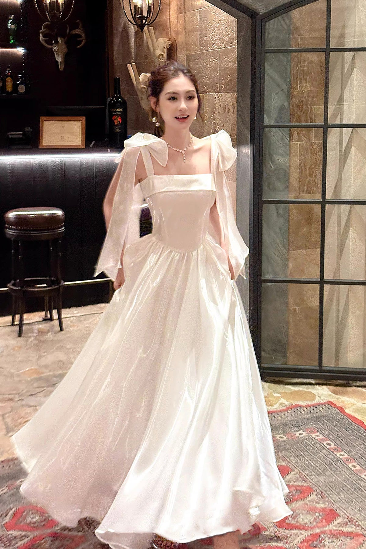 White Tulle Square Neck Prom Evening Gown with Bow Shoulder Straps