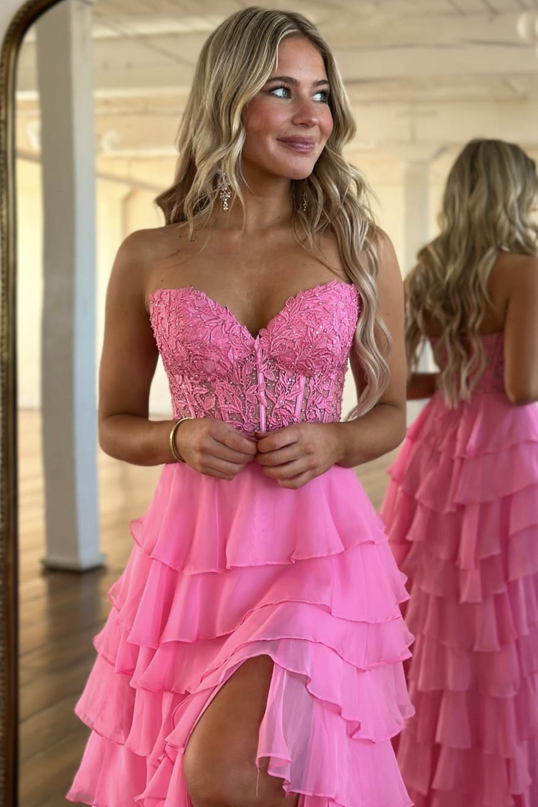 Beautiful Ruffle Tiered Chiffon Lace Prom Dress, A-Line Strapless Party Dress