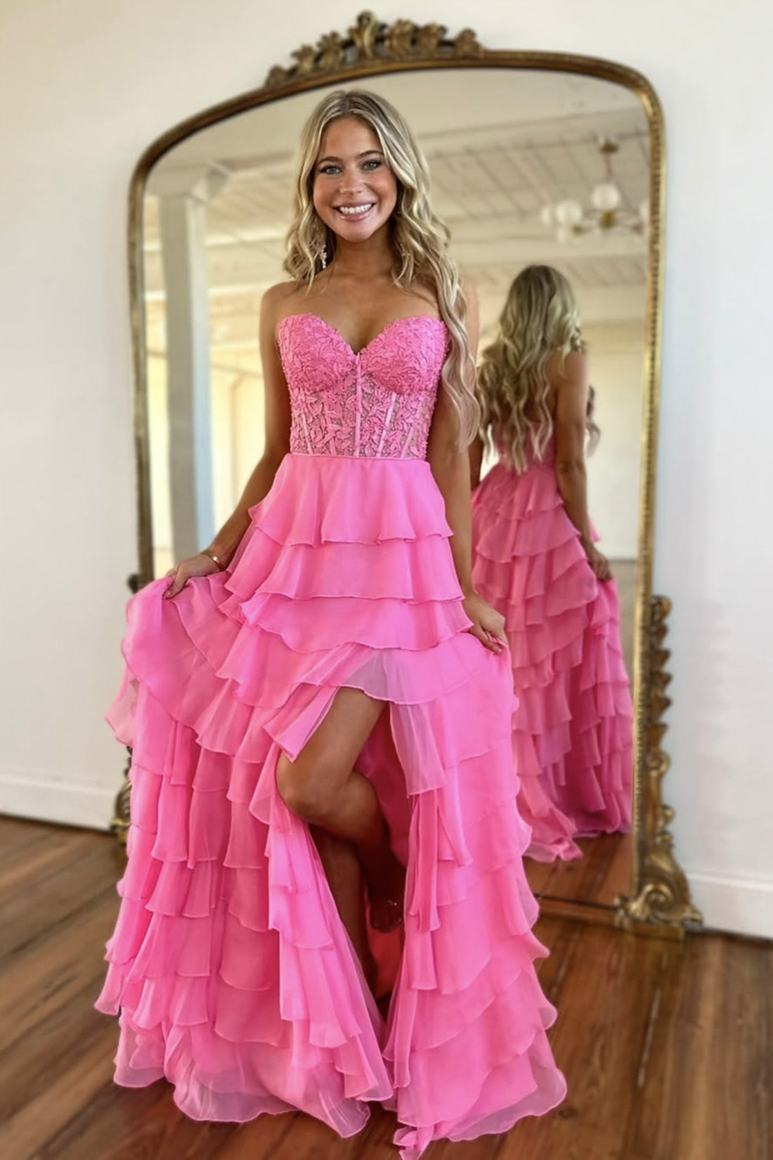 Beautiful Ruffle Tiered Chiffon Lace Prom Dress, A-Line Strapless Party Dress