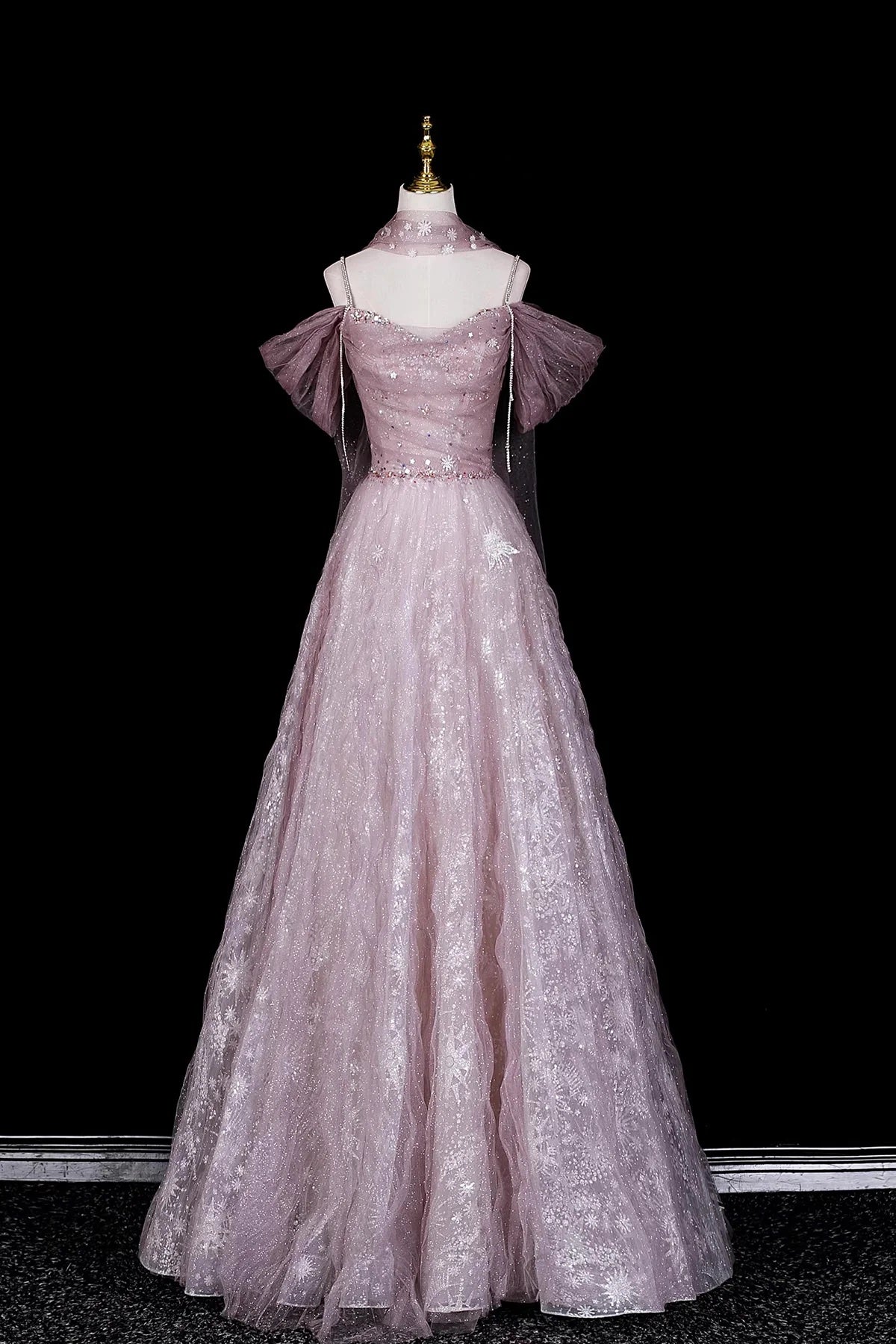 Dusty Pink Off-the-Shoulder Prom Dress, Glitter Tulle Evening Gown with Sheer Cape