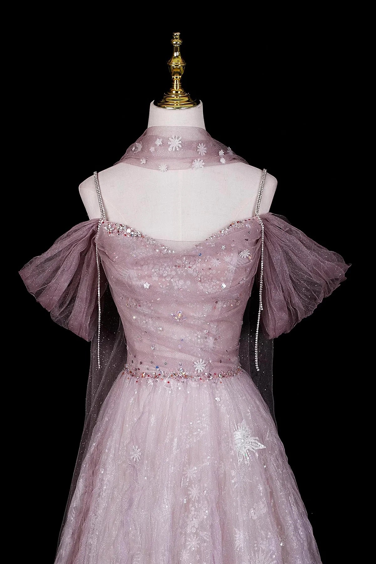 Dusty Pink Off-the-Shoulder Prom Dress, Glitter Tulle Evening Gown with Sheer Cape