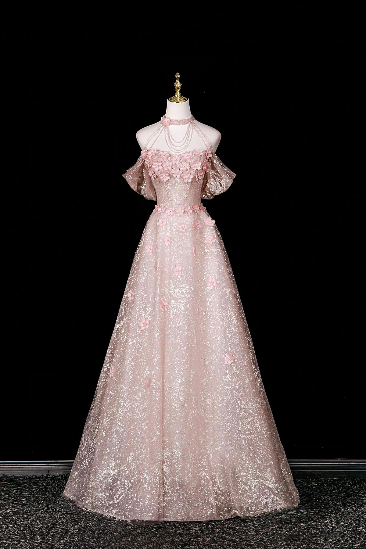 Pink Halter Off‑Shoulder 3D Floral Glitter Tulle Evening Gown