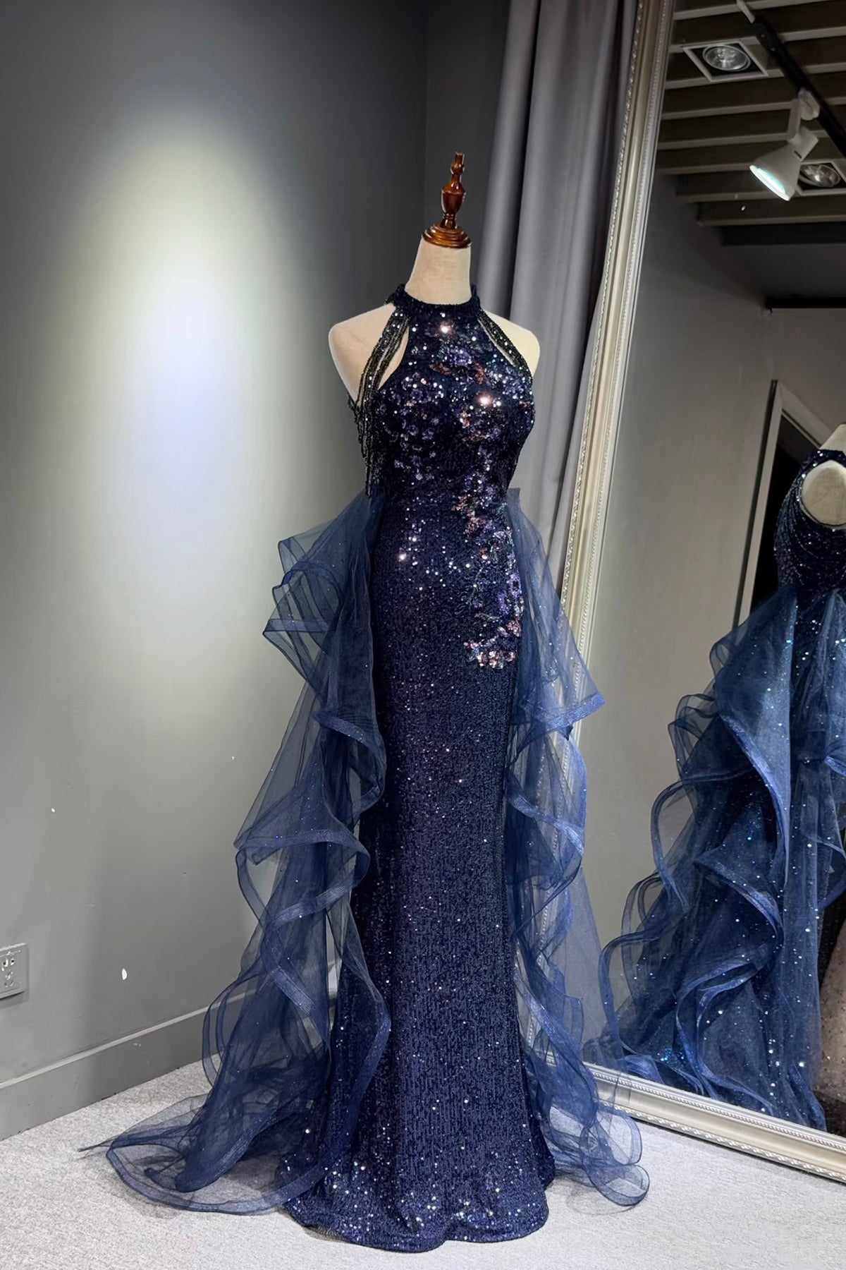 Luxury Navy Blue Sequined Mermaid Prom Dress with Halter Neck and Layered Tulle Skirt