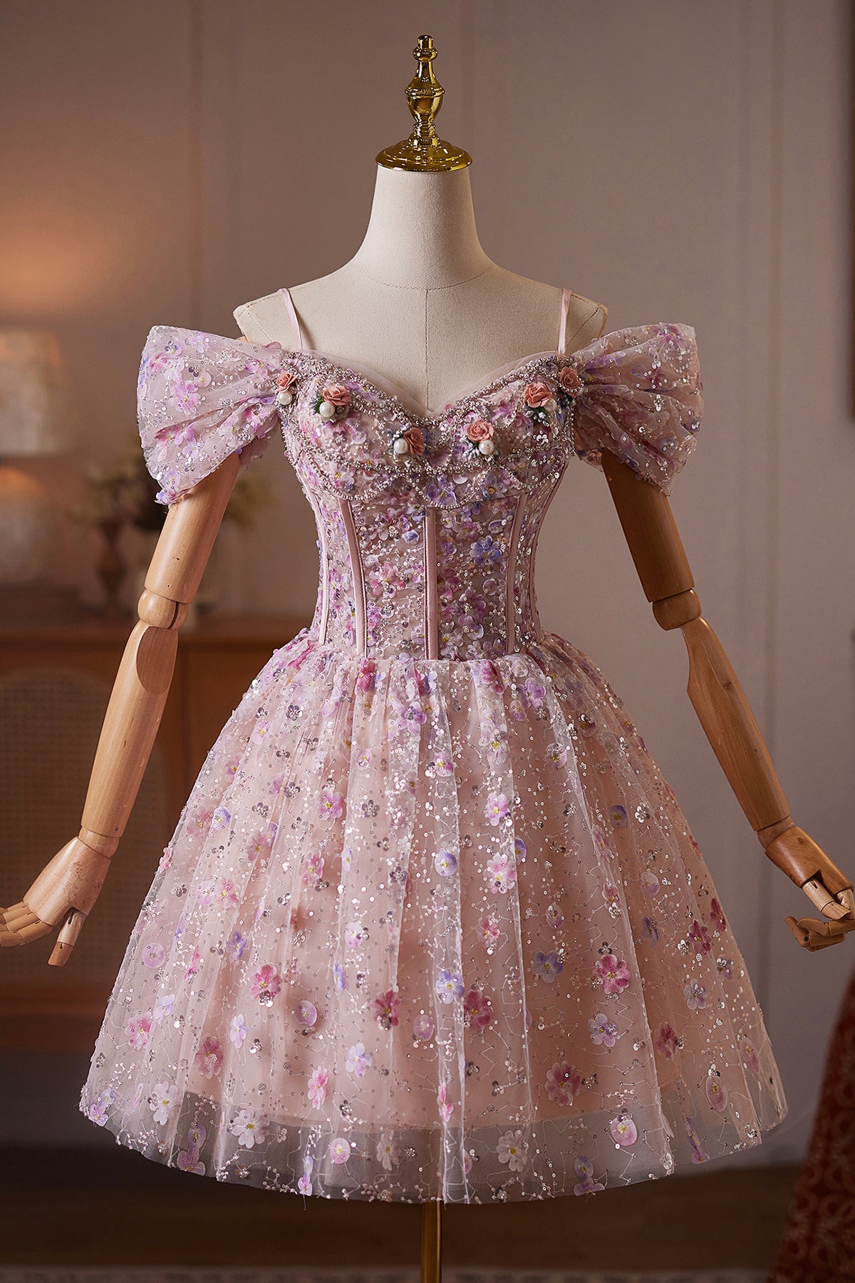 Pink Off Shoulder Floral Sequin A-Line Short Prom Party Dress Pink Off Shoulder Floral Sequin A-Line Short Prom Party Dress