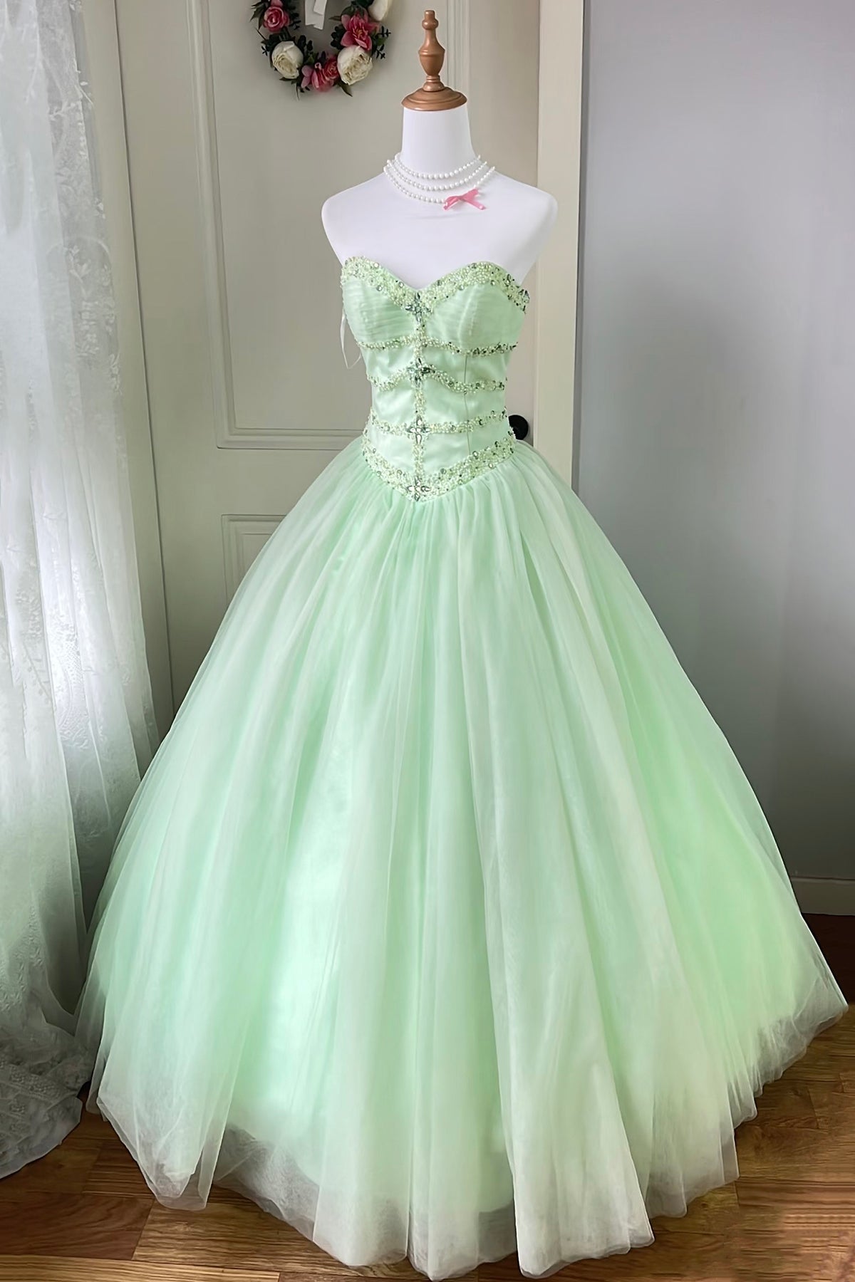 Strapless Mint Green Tulle Ball Gown with Beaded Bodice