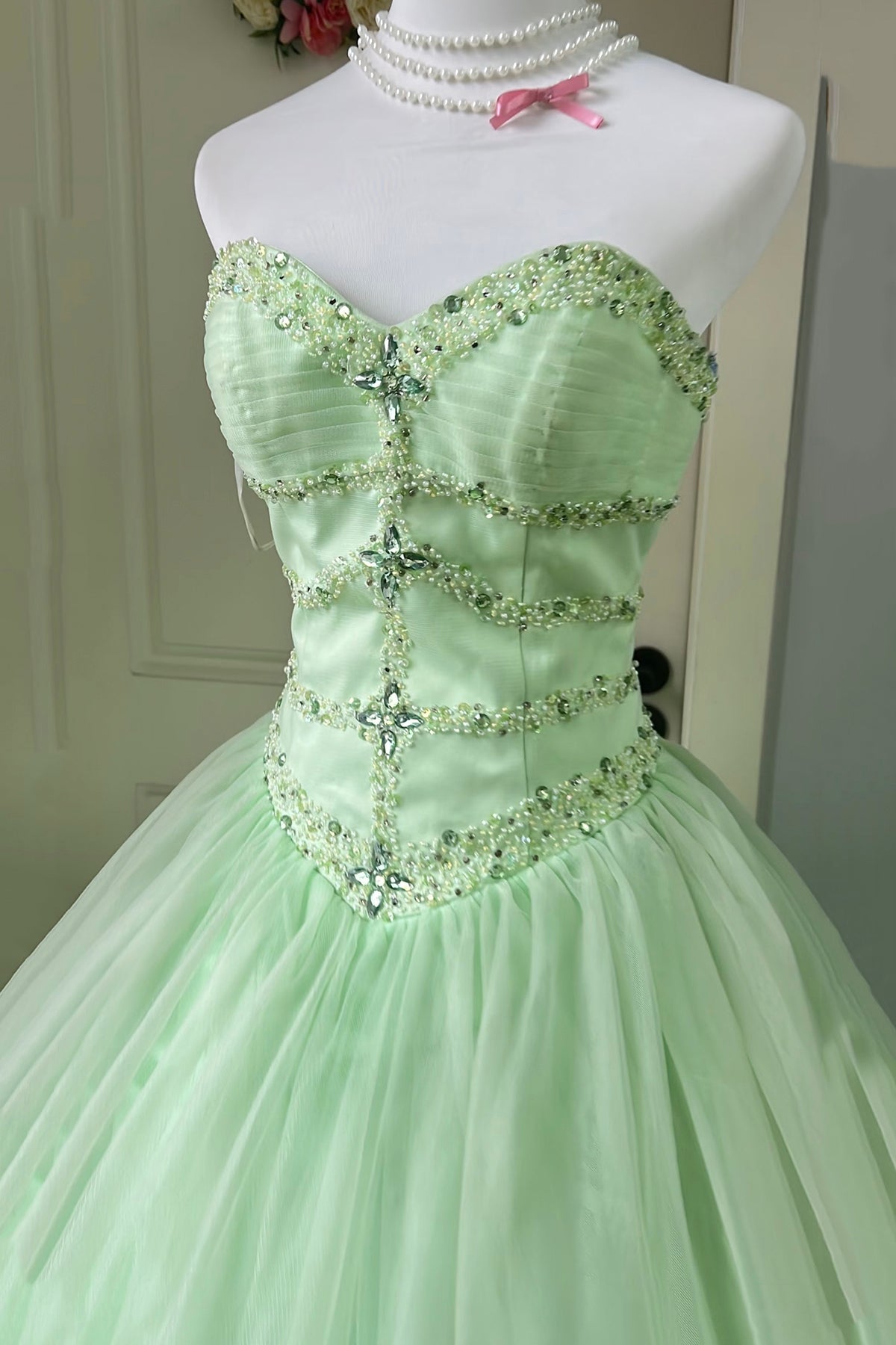 Strapless Mint Green Tulle Ball Gown with Beaded Bodice
