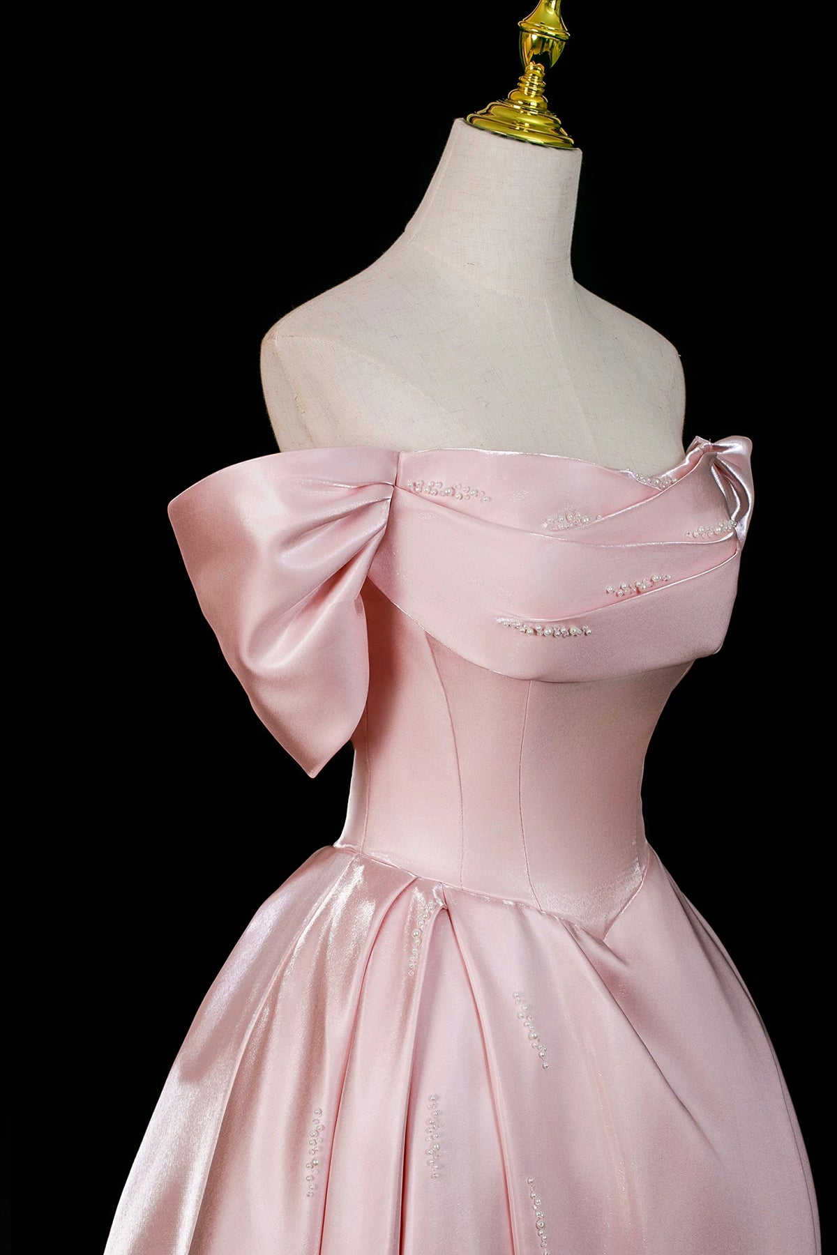 Pink Satin Off-the-Shoulder Formal Evening Dress with Bow Detail