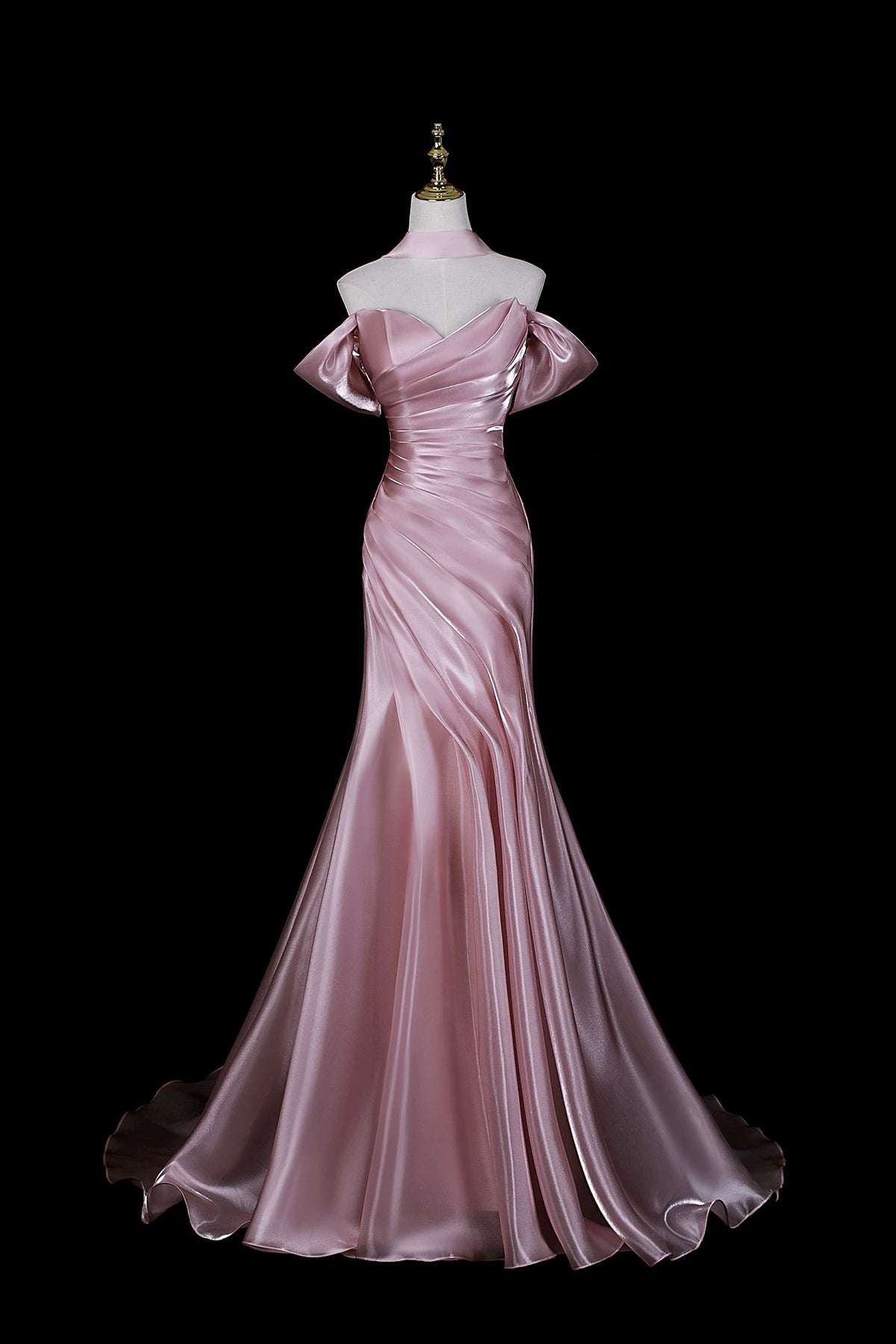 Dusty Pink Satin Off-the-Shoulder Mermaid Evening Gown with Train