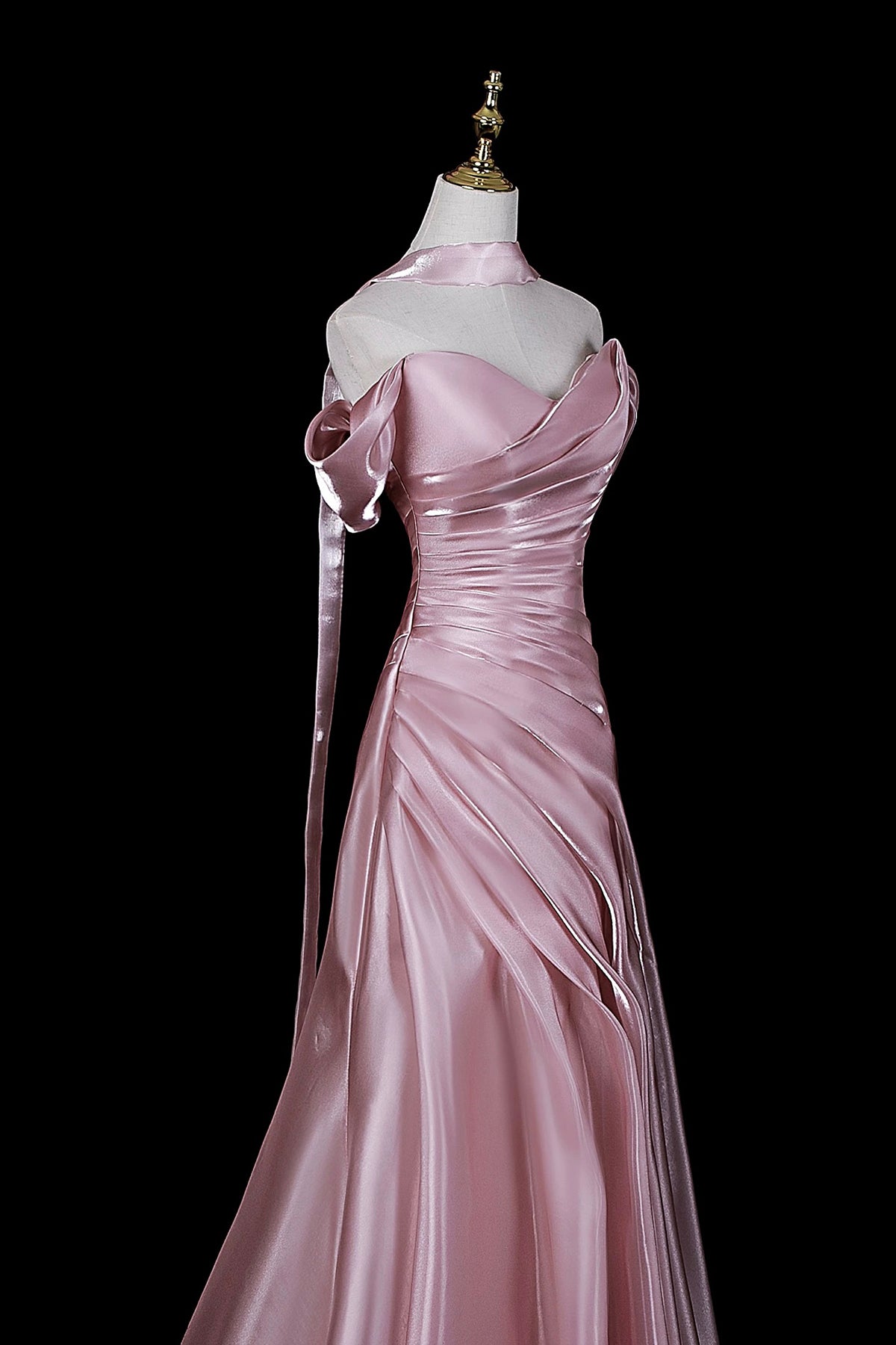 Dusty Pink Satin Off-the-Shoulder Mermaid Evening Gown with Train