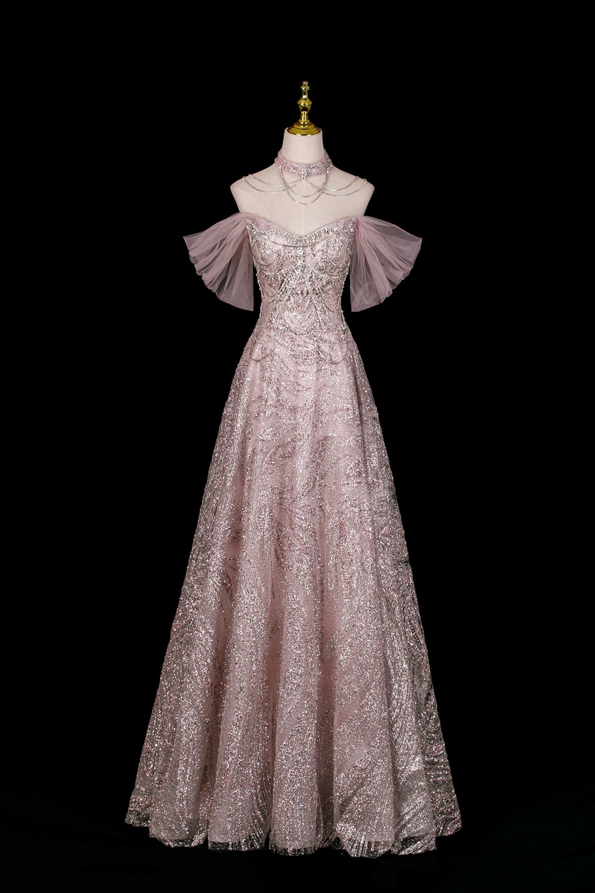 Pink Glitter Off-the-Shoulder A-Line Prom Dress with Tulle Sleeves