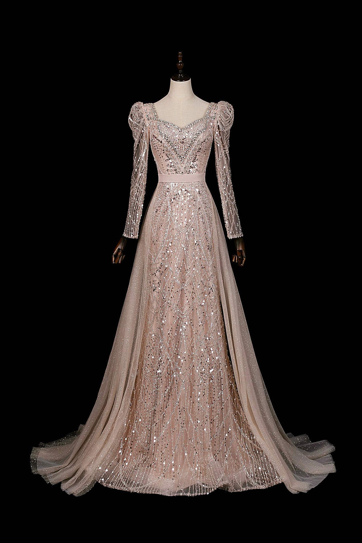 Champagne Sequin Long Sleeve Mermaid Evening Gown with Detachable Tulle Train