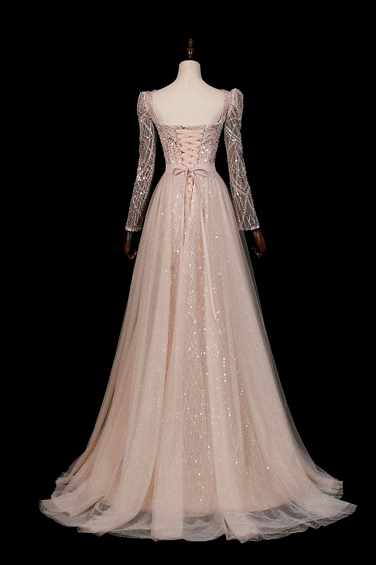 Champagne Sequin Long Sleeve Mermaid Evening Gown with Detachable Tulle Train
