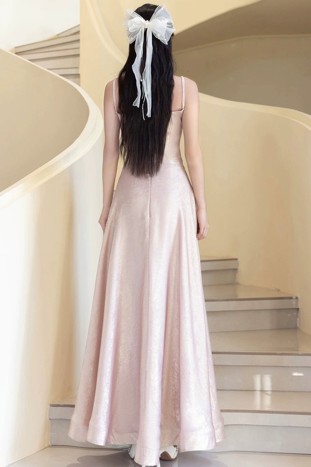 Pink Shiny Satin Spaghetti Strap A-Line Long Prom Evening Gown