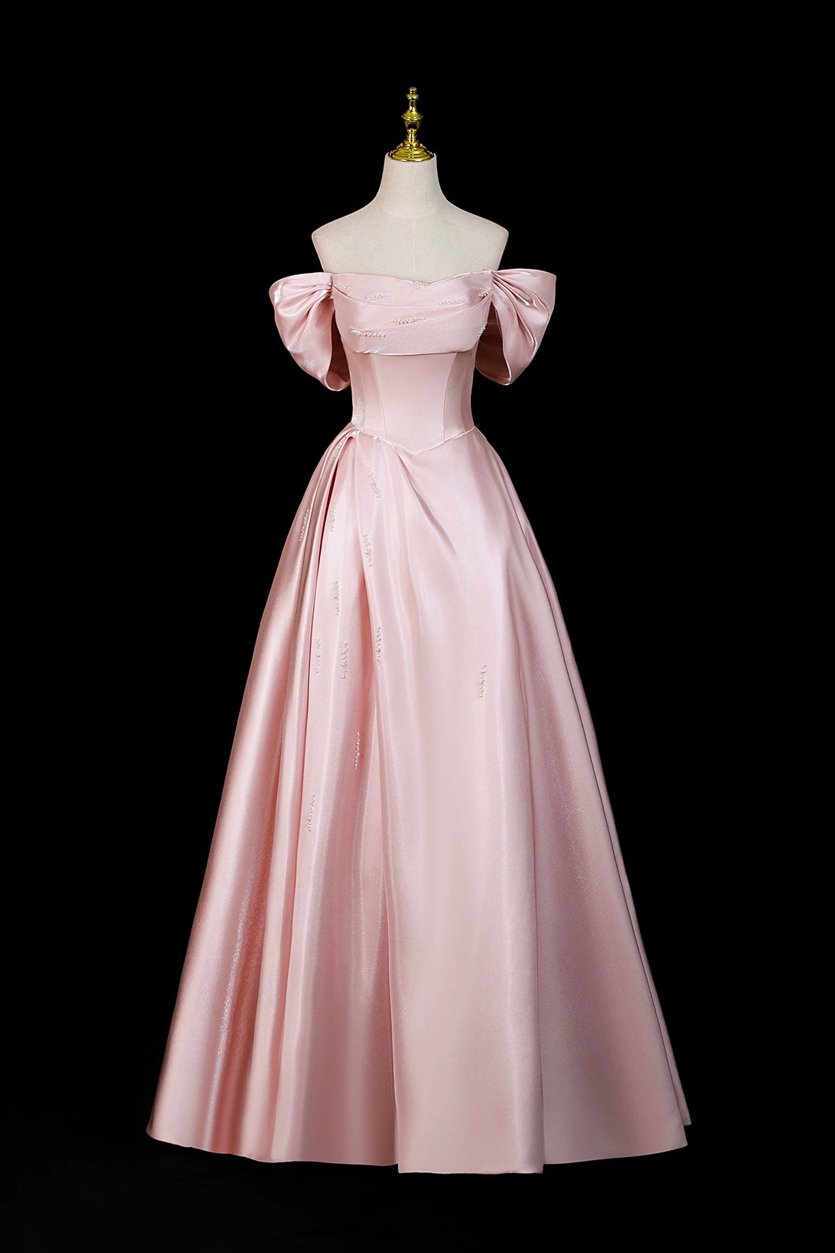 Pink Satin Off-the-Shoulder Formal Evening Dress with Bow Detail