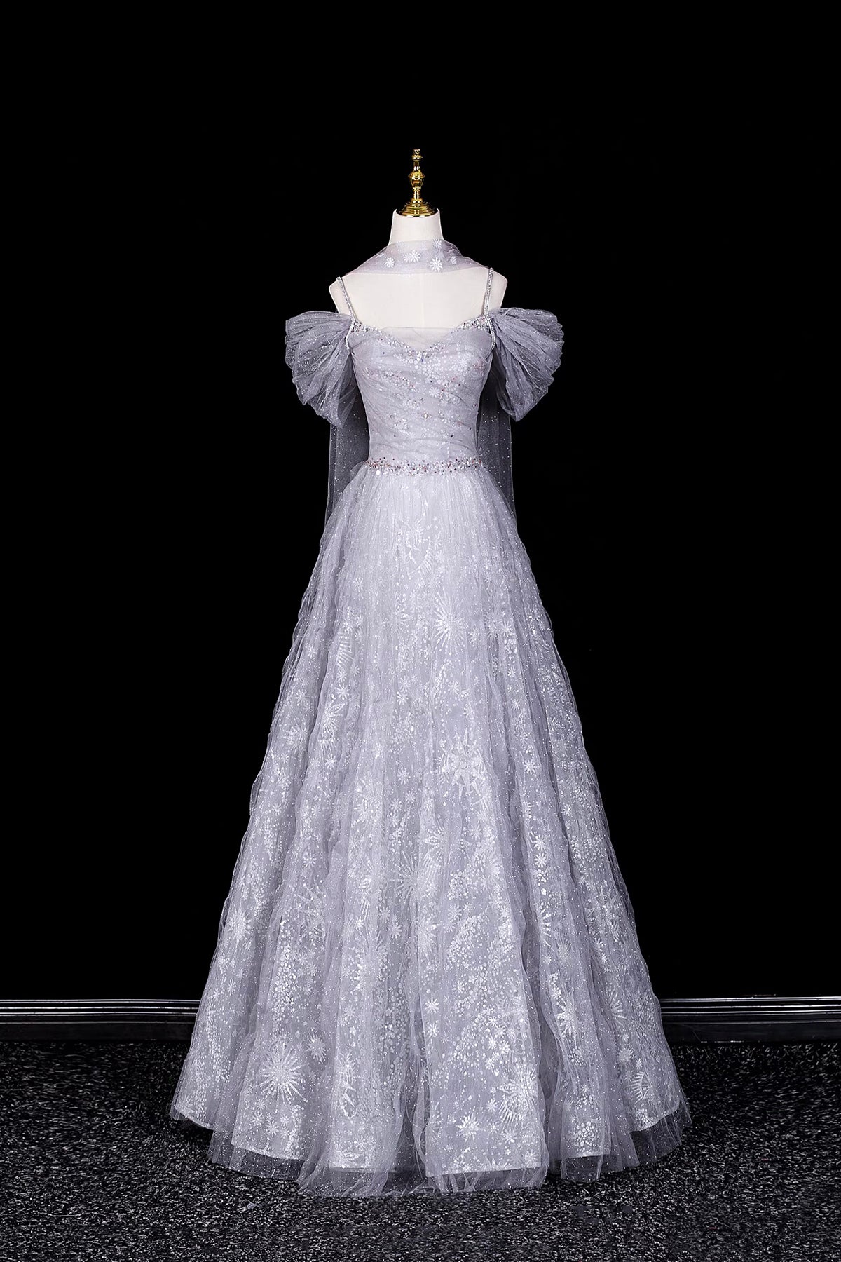 Silver Off-the-Shoulder Prom Dress, Glitter Snowflake Tulle Evening Gown with Cape