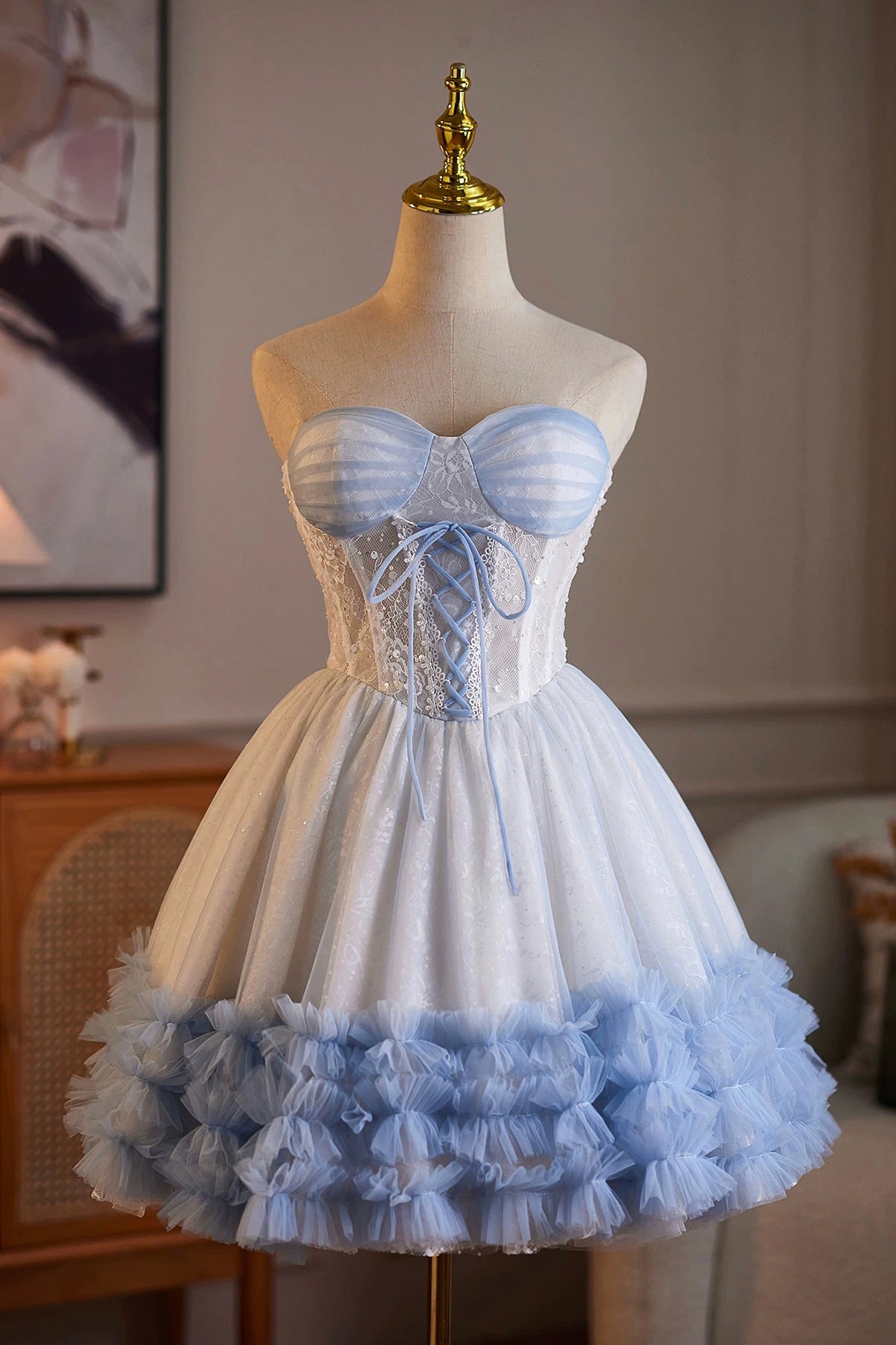 Lace Up Corset Blue White Tutu Dress | Formal Short Dress