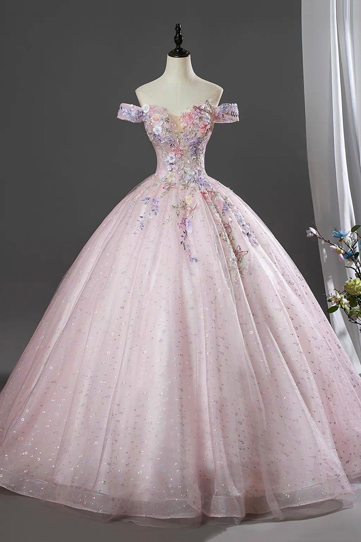 Pink Off Shoulder Floral Ball Gown Embellished Prom Dress with Sequin Tulle