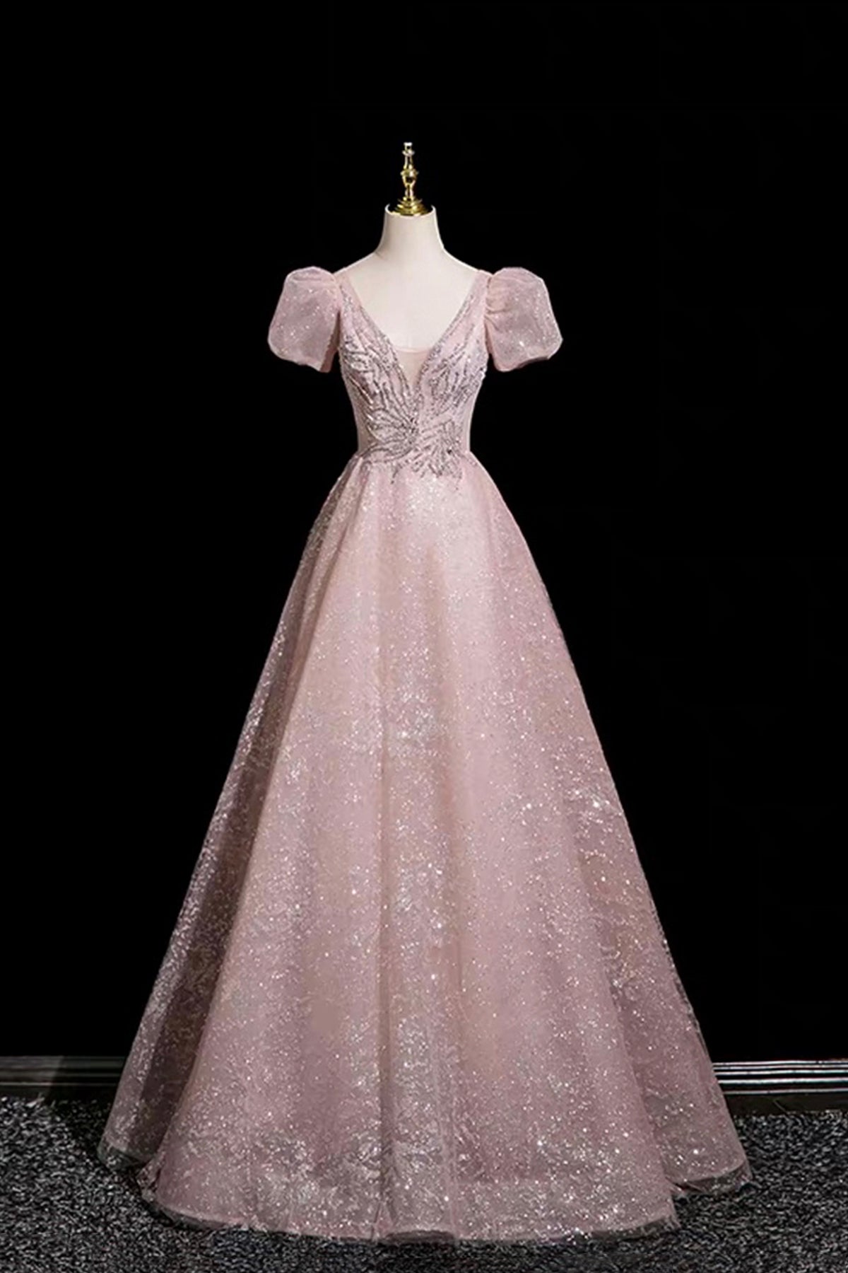 Blush Pink Lace Prom Dress V-Neck A-Line Evening Gown with Puff Sleeve