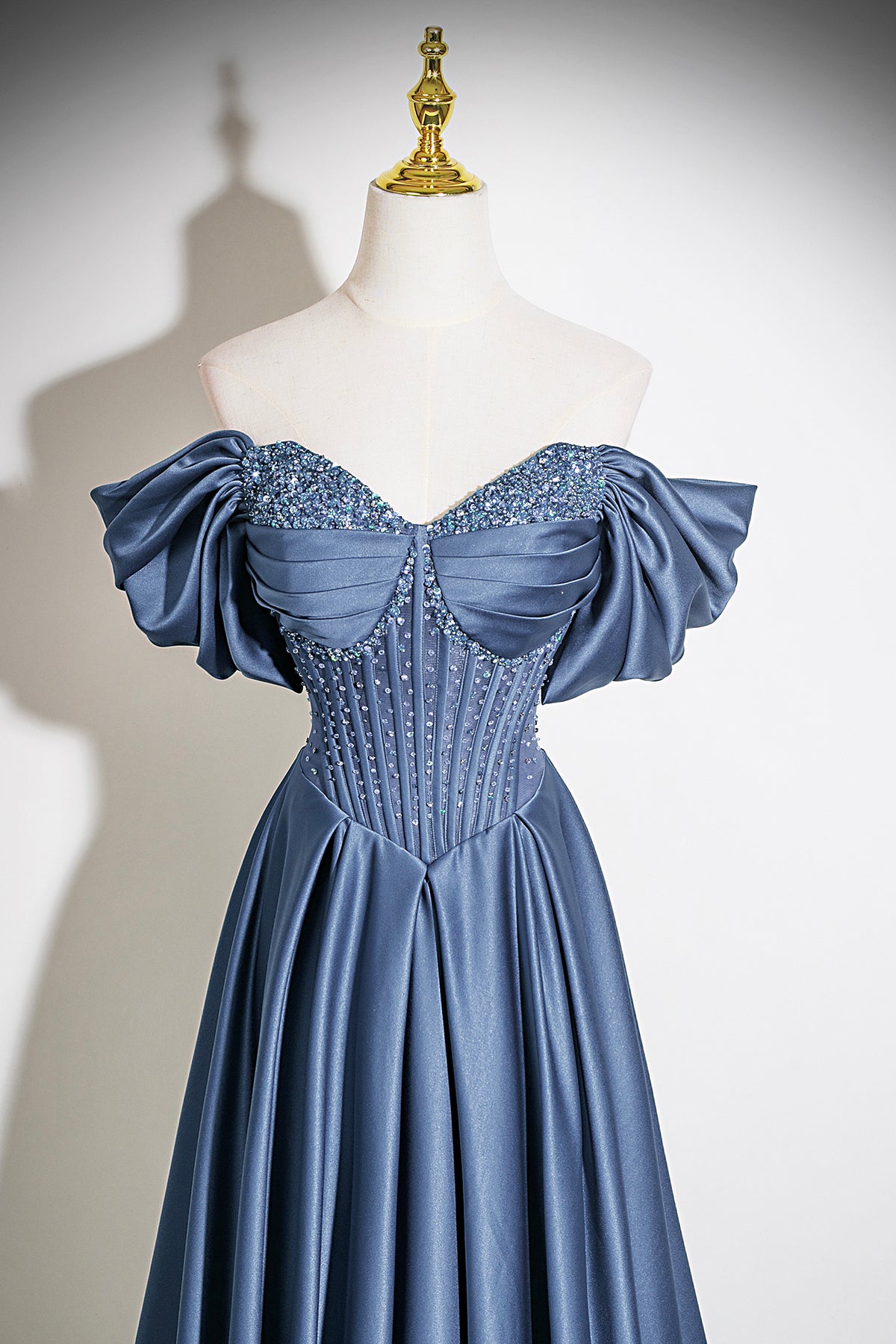 Navy Blue Off-the-Shoulder Satin Long A-Line Prom Party Gown