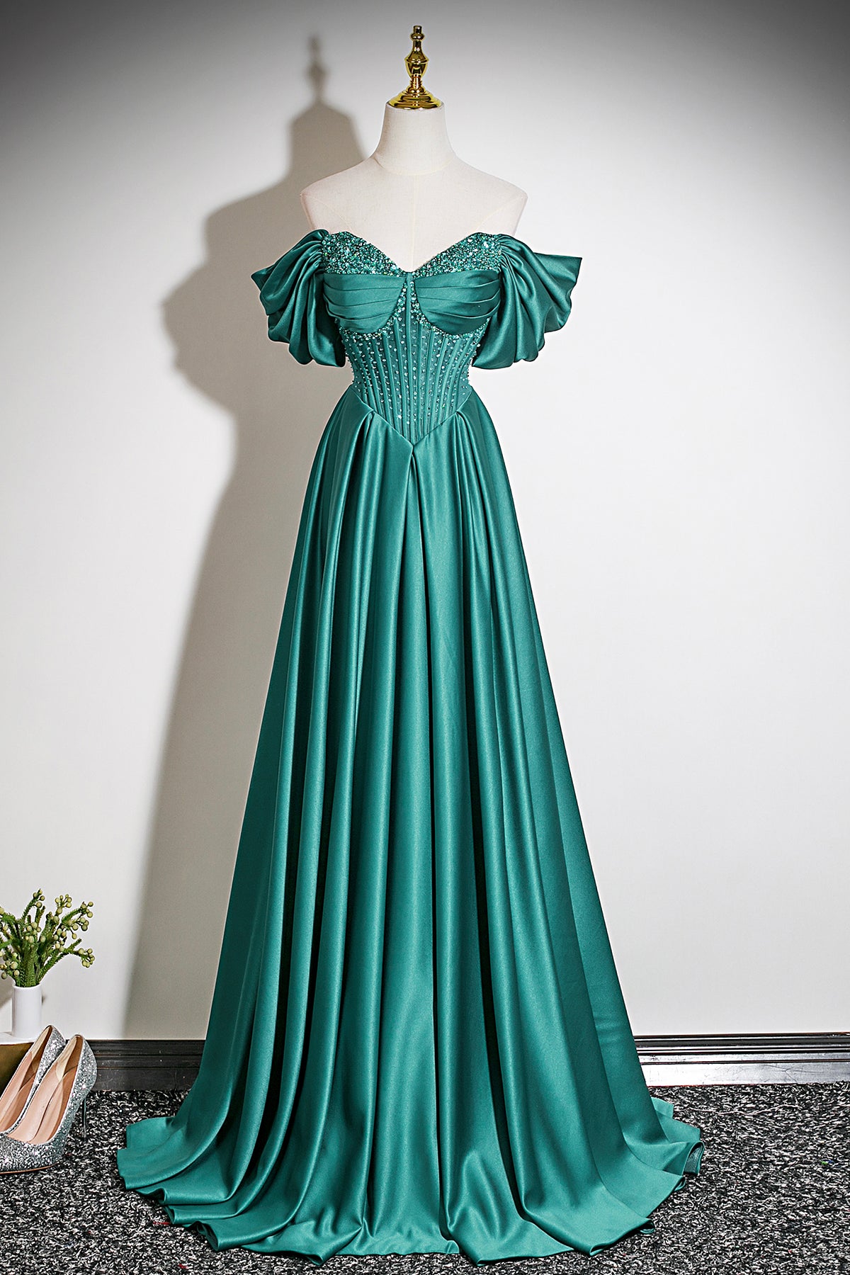 Emerald Green Satin Off-the-Shoulder Beaded Evening Gown with A-Line Skirt