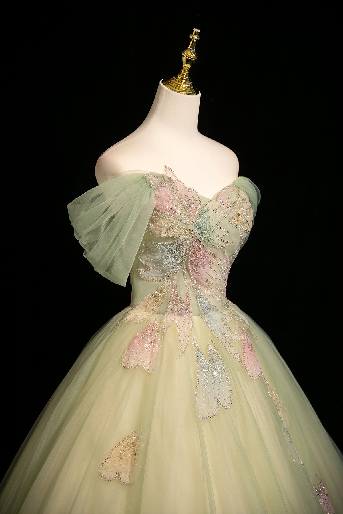 Sage Green Off the Shoulder Tulle Ball Gown Beaded Floral Prom Dress