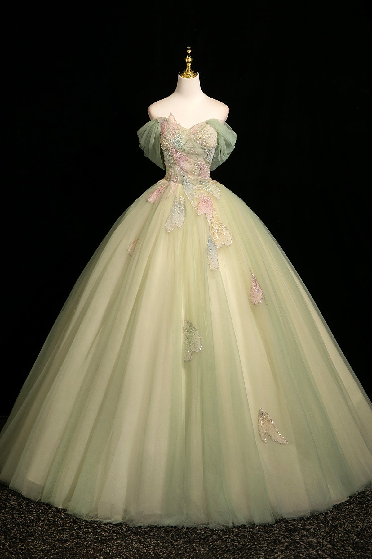 Sage Green Off the Shoulder Tulle Ball Gown Beaded Floral Prom Dress