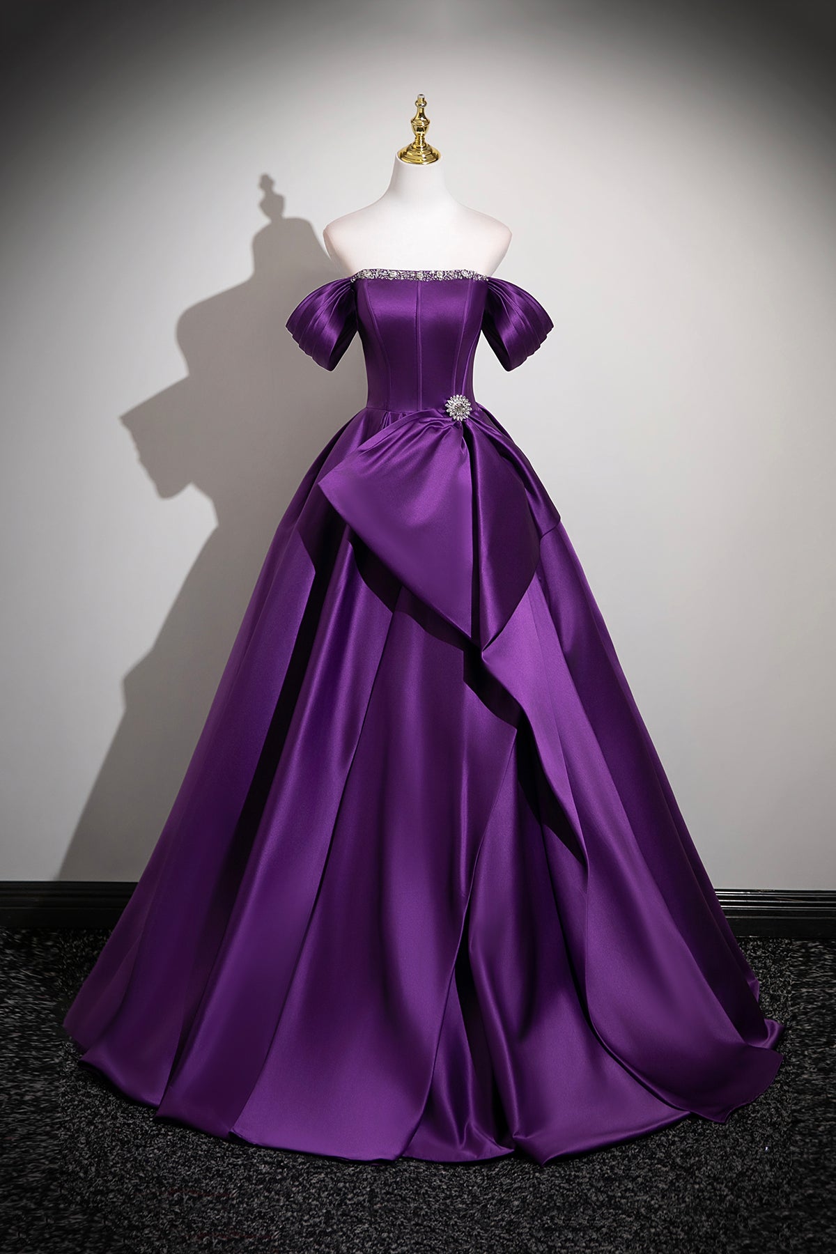 Purple Satin Off the Shoulder Ball Gown Beaded Formal Evening Dress