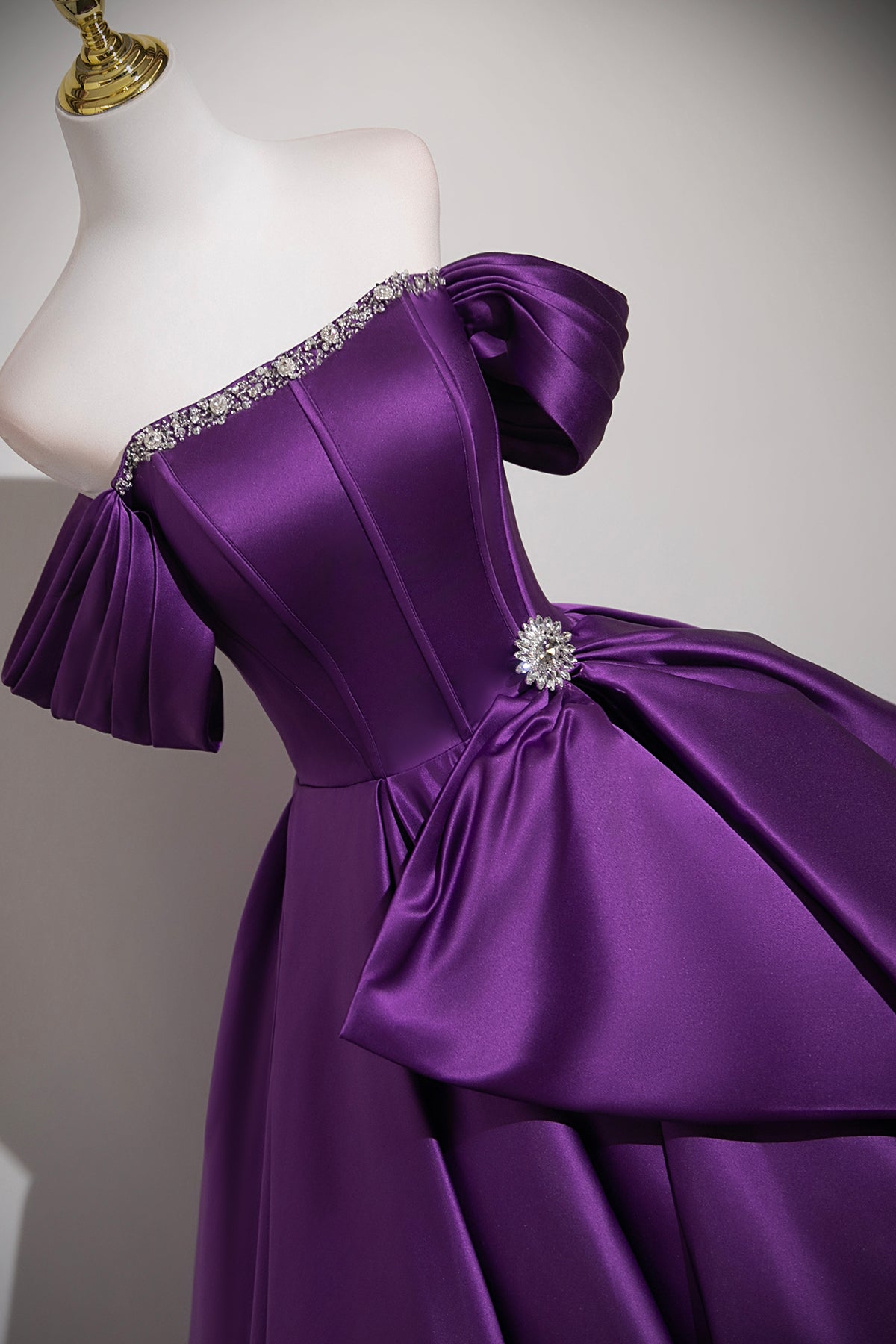 Purple Satin Off the Shoulder Ball Gown Beaded Formal Evening Dress