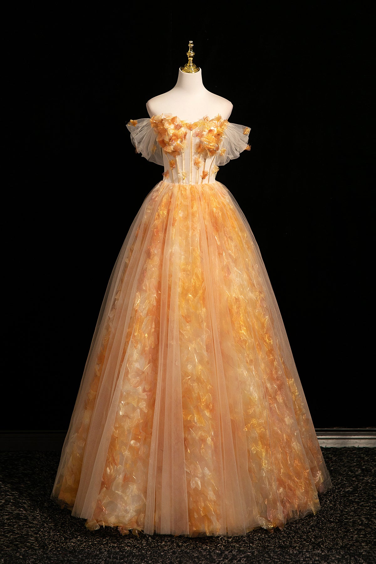 Orange Off the Shoulder Floral Tulle Ball Gown 3D Floral Prom Dress