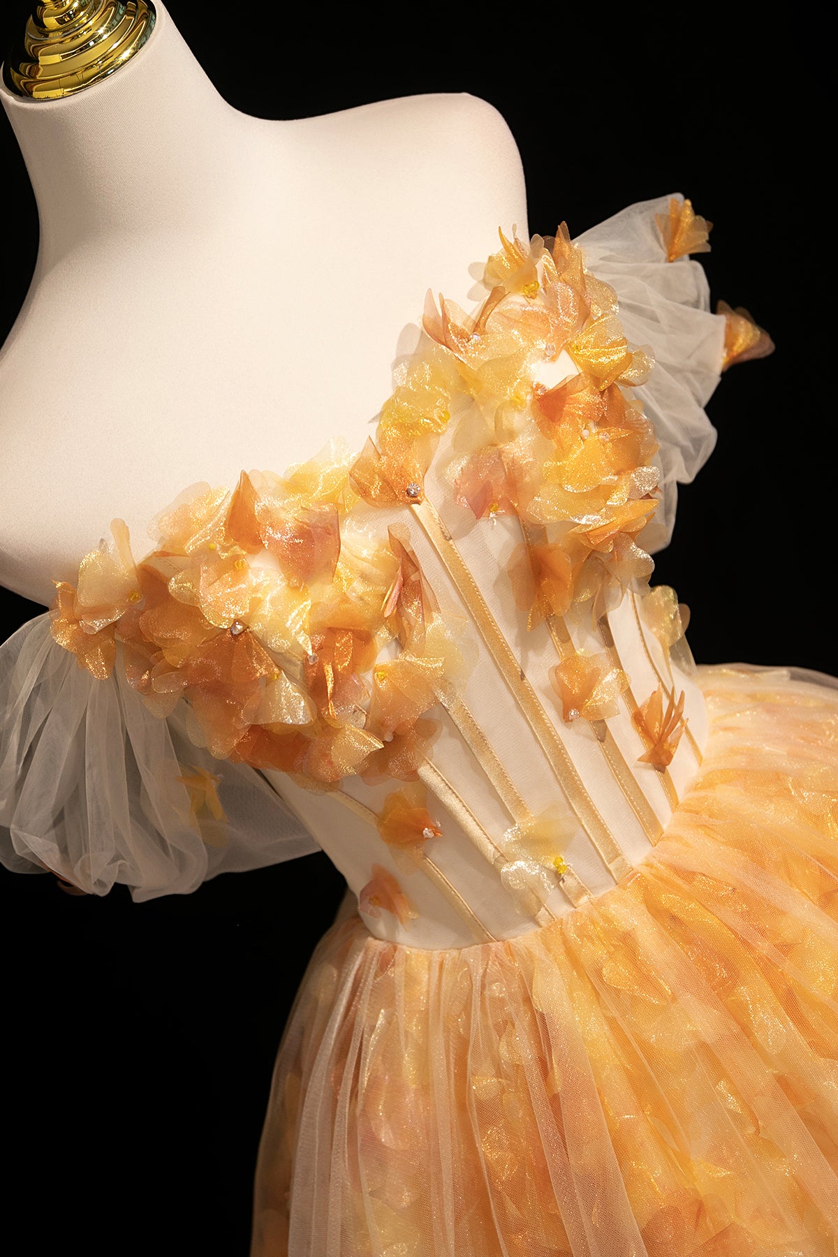 Orange Off the Shoulder Floral Tulle Ball Gown 3D Floral Prom Dress