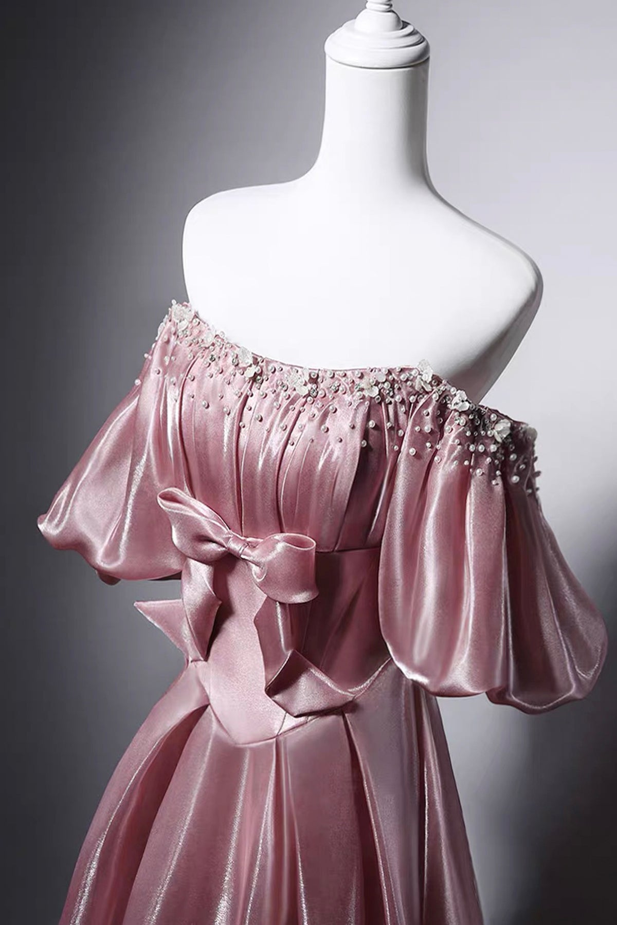 Dusty Pink Off-the-Shoulder Satin Formal Dress with Beaded Neckline