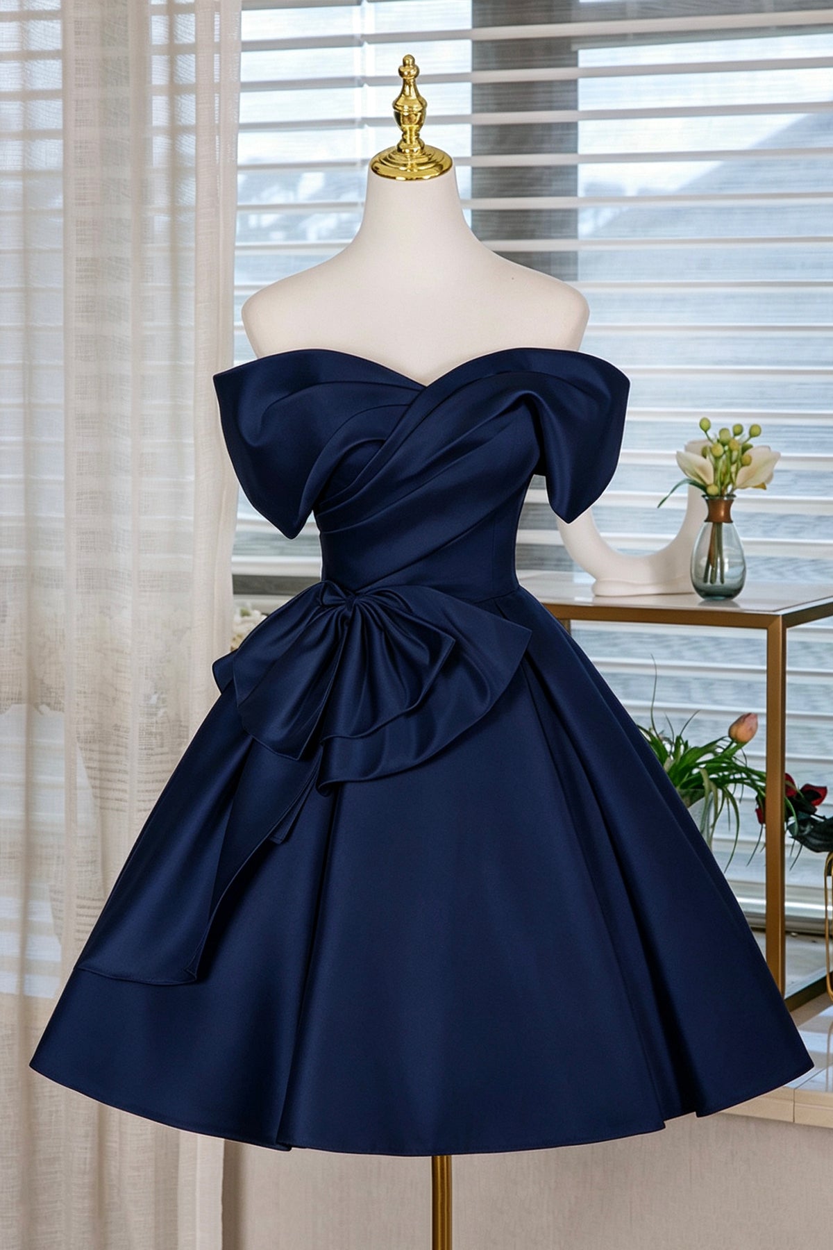 Navy Blue Off-Shoulder Satin Cocktail Dress with Bow Detail Navy Blue Off-Shoulder Satin Cocktail Dress with Bow Detail