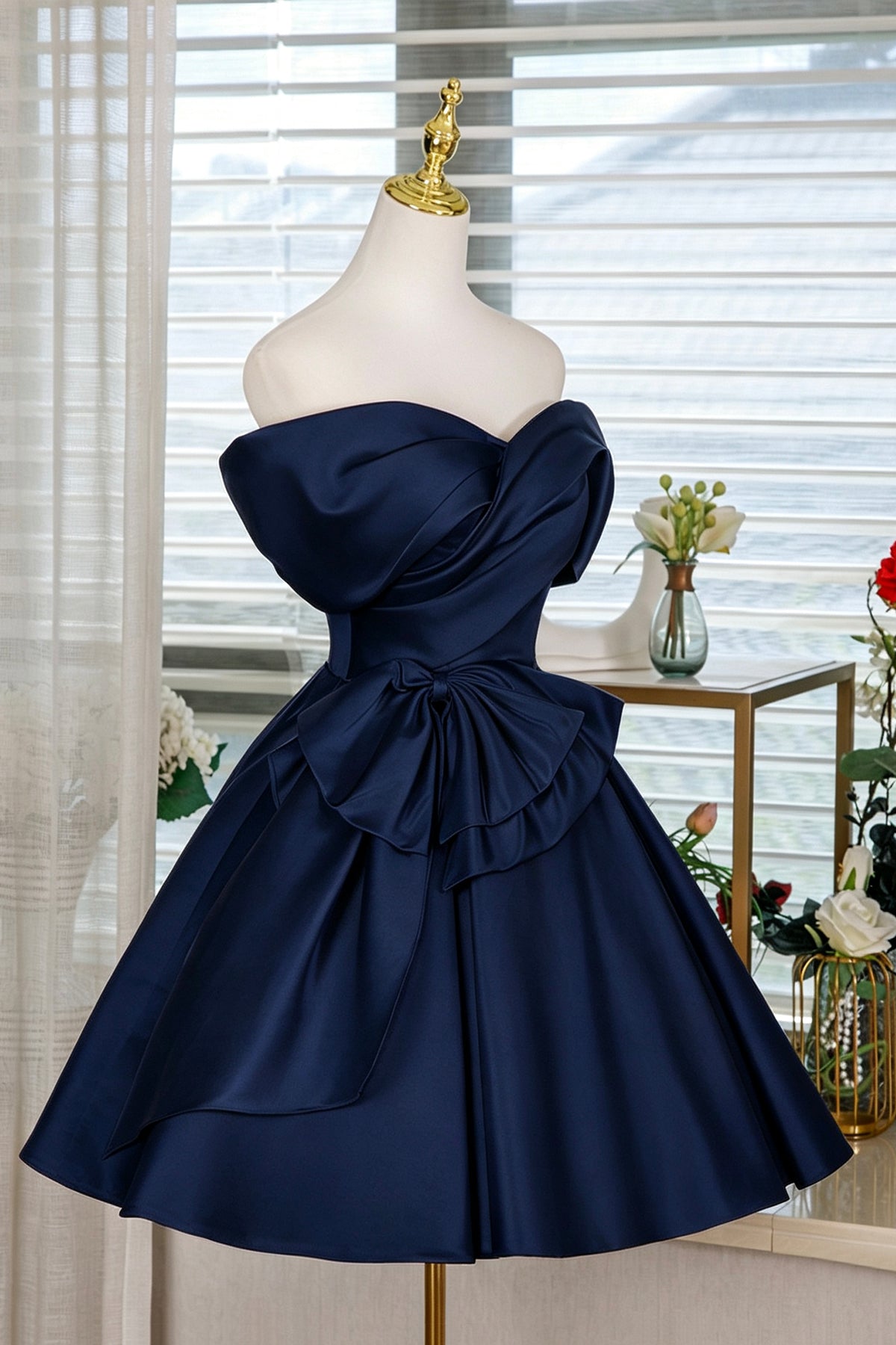 Navy Blue Off-Shoulder Satin Cocktail Dress with Bow Detail