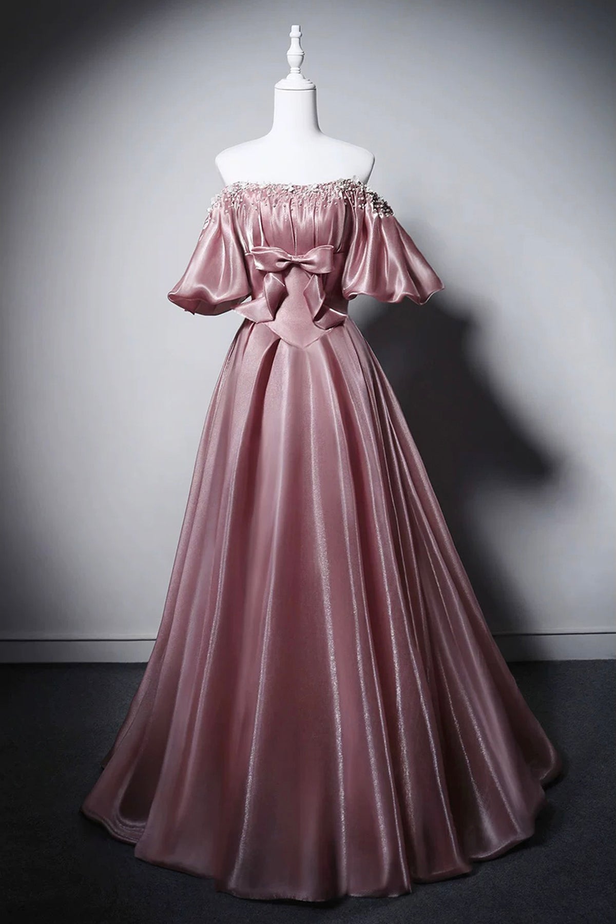 Dusty Pink Off-the-Shoulder Satin Formal Dress with Beaded Neckline