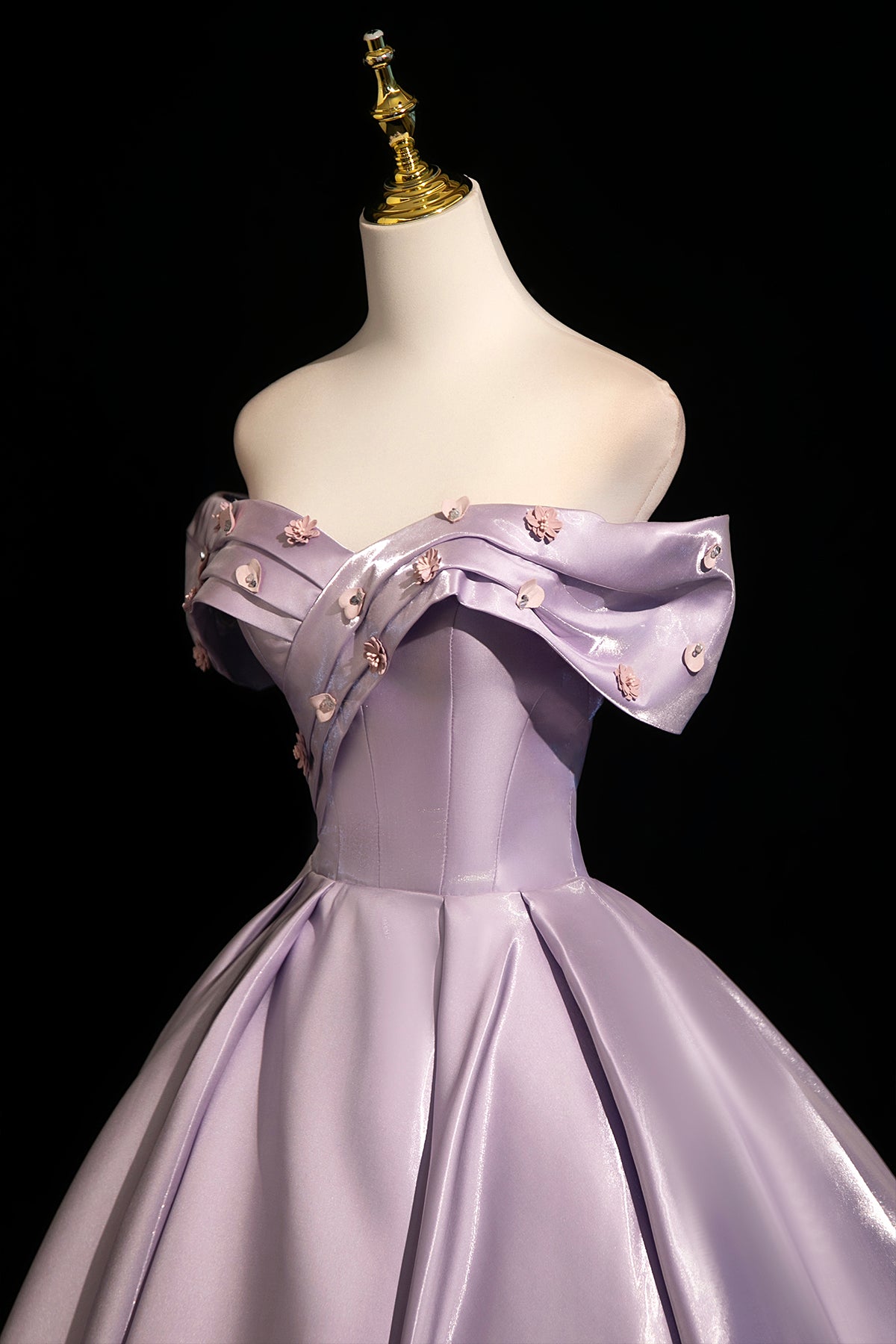 Lavender Off-the-Shoulder Satin Prom Evening Ball Gown