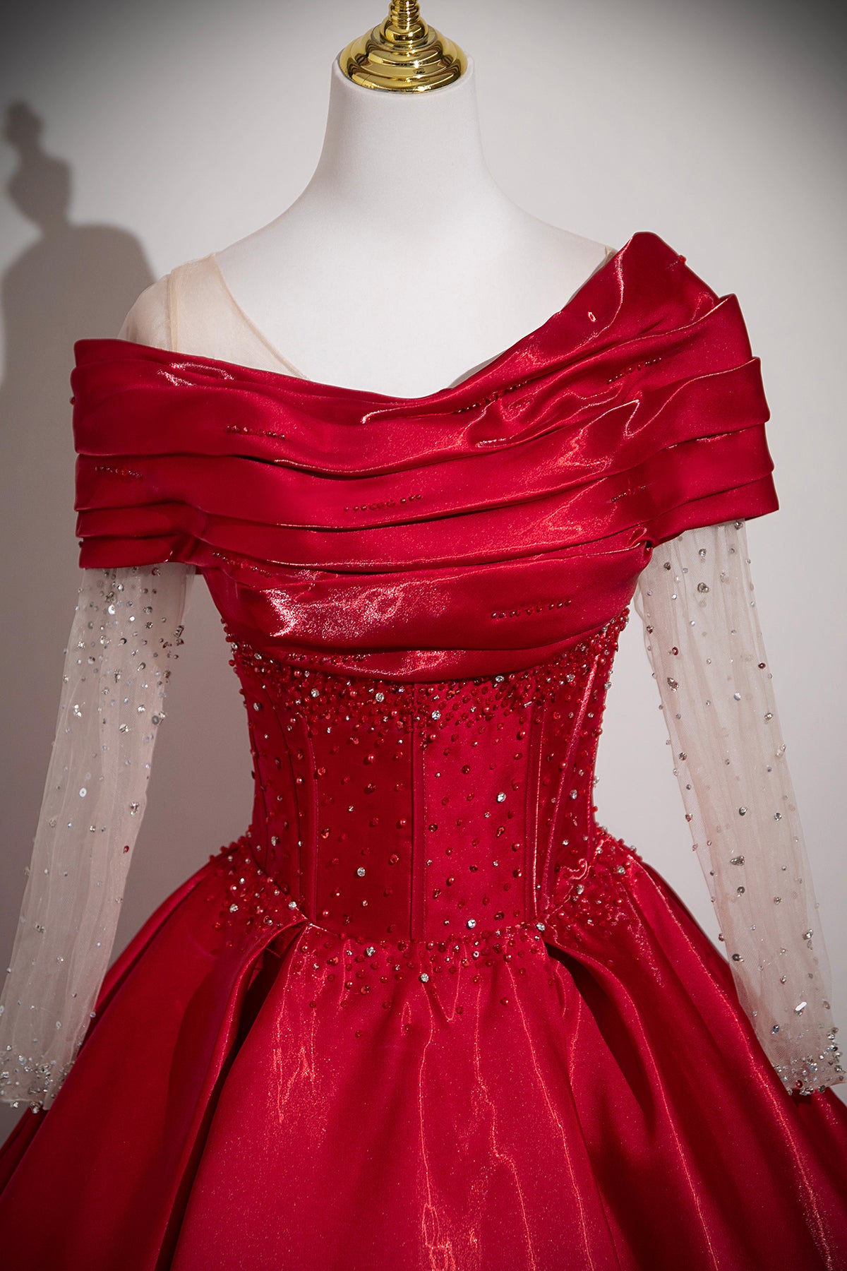 Red Satin Off-the-Shoulder Prom Ball Gown with Beaded Sheer Sleeves