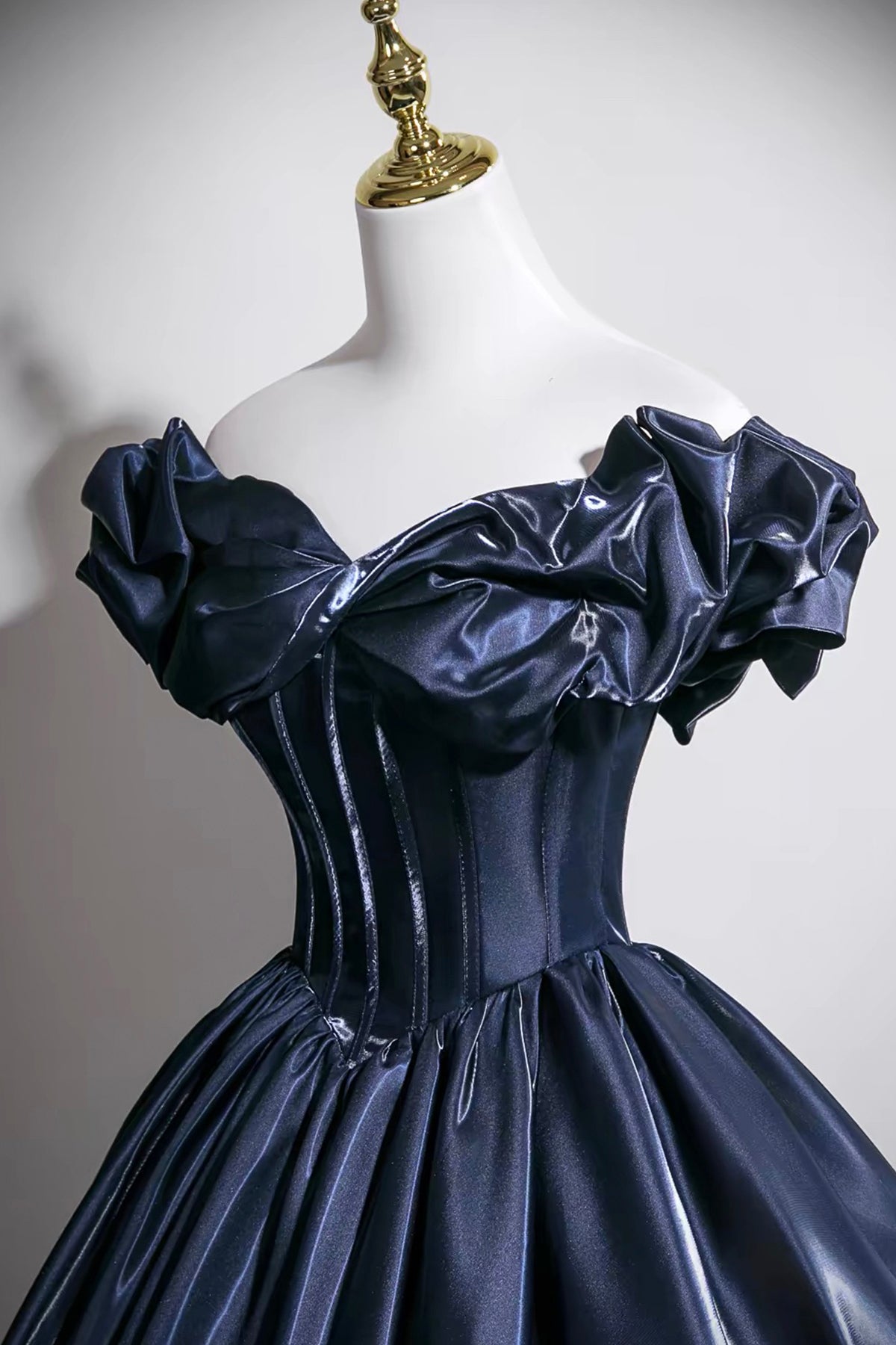 Navy Blue Off-the-Shoulder Satin Ball Gown with Corset Bodice