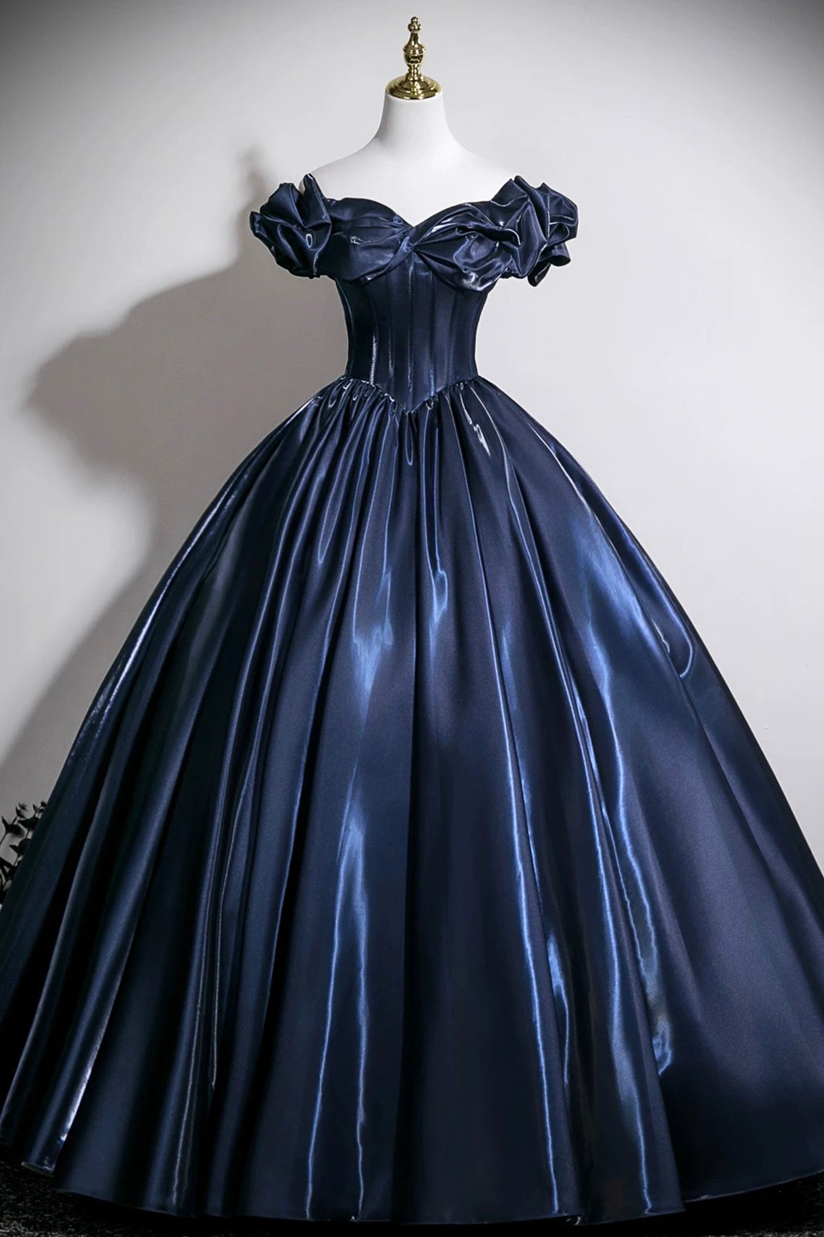 Navy Blue Off-the-Shoulder Satin Ball Gown with Corset Bodice