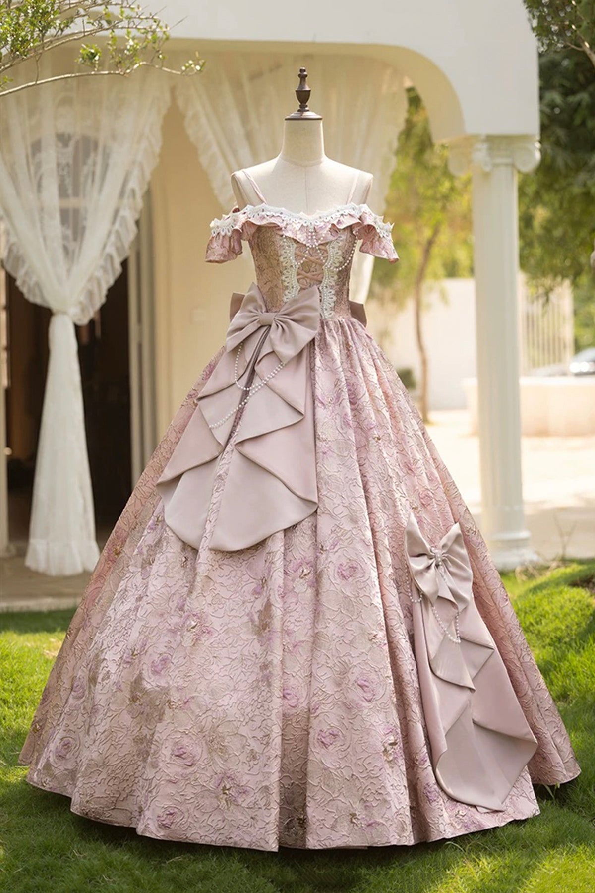 Pink Floral Lace Off-the-Shoulder Ball Gown with Back Satin Bow, Formal Prom Quinceanera Dress