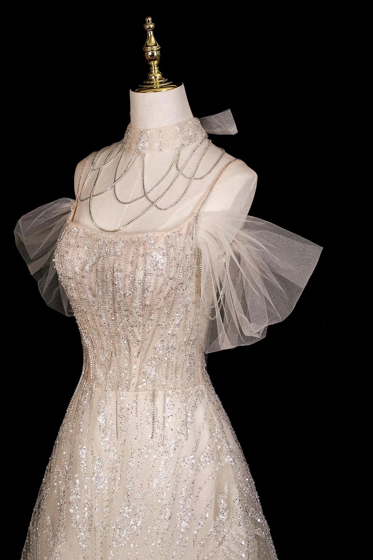 Off-the-Shoulder Sequin Tulle Evening Gown | Champagne Formal Prom Dress