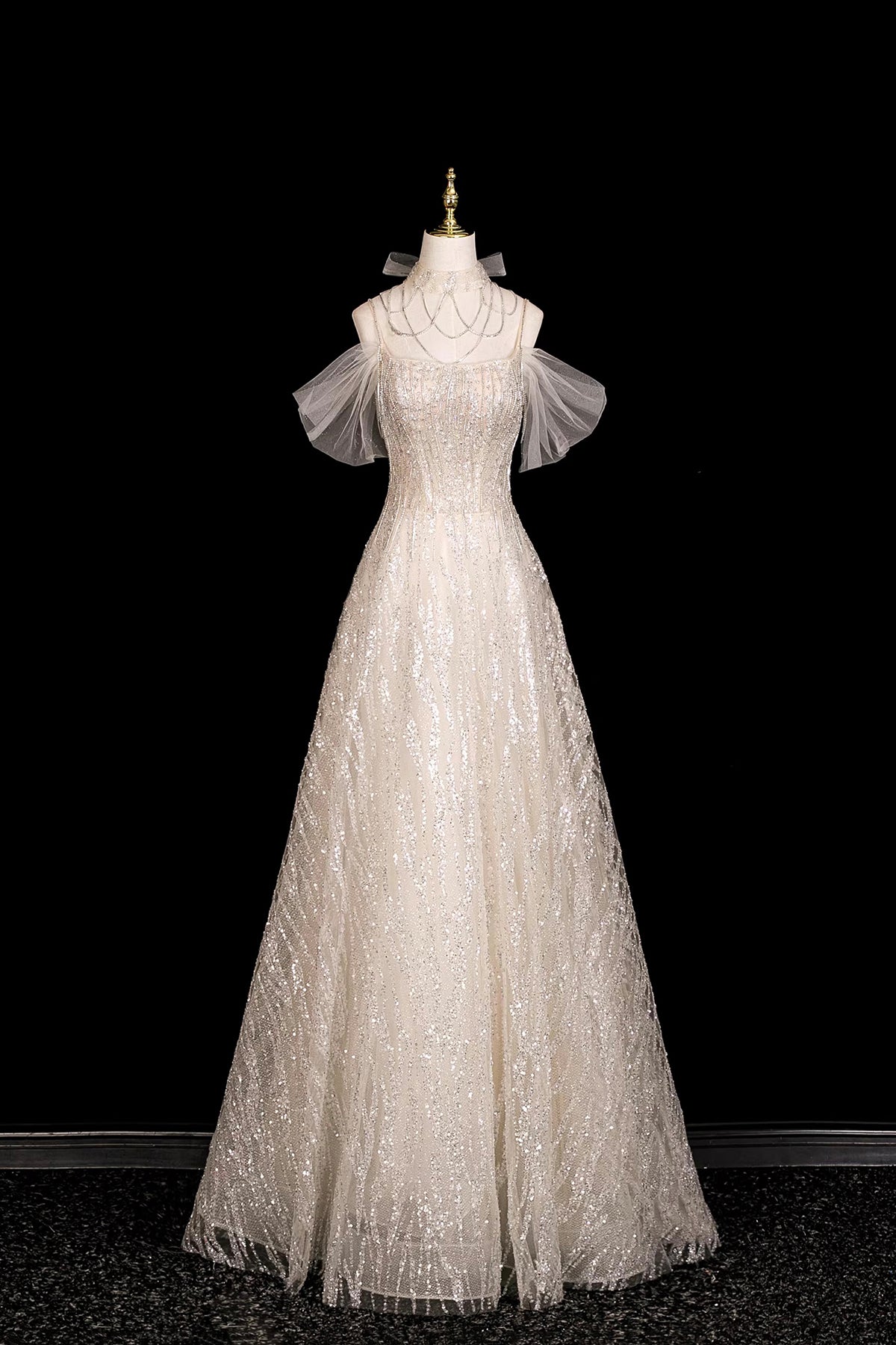 Off-the-Shoulder Sequin Tulle Evening Gown | Champagne Formal Prom Dress