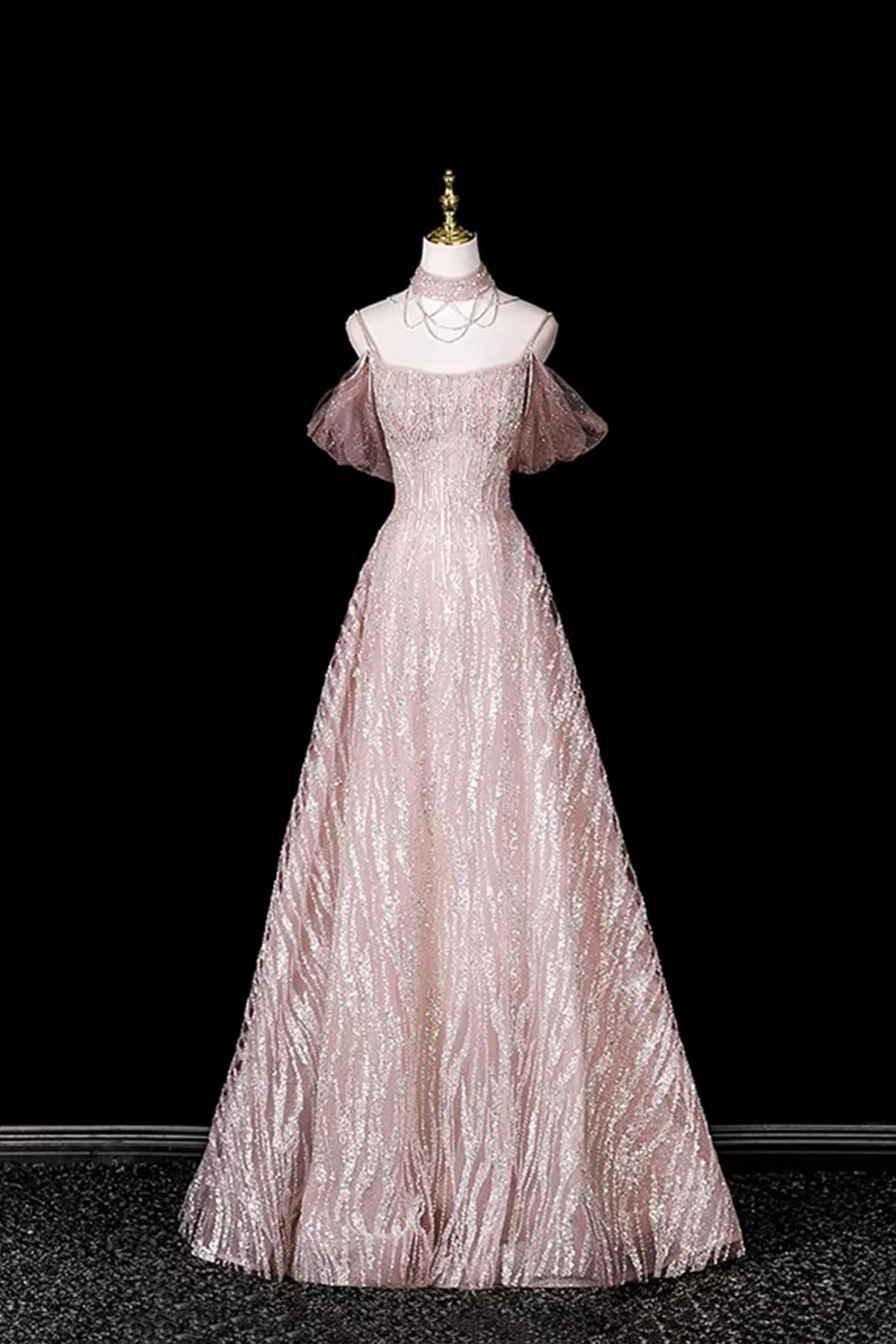 Off-the-Shoulder Pink Sequin Tulle Evening Gown | Formal Prom Dress