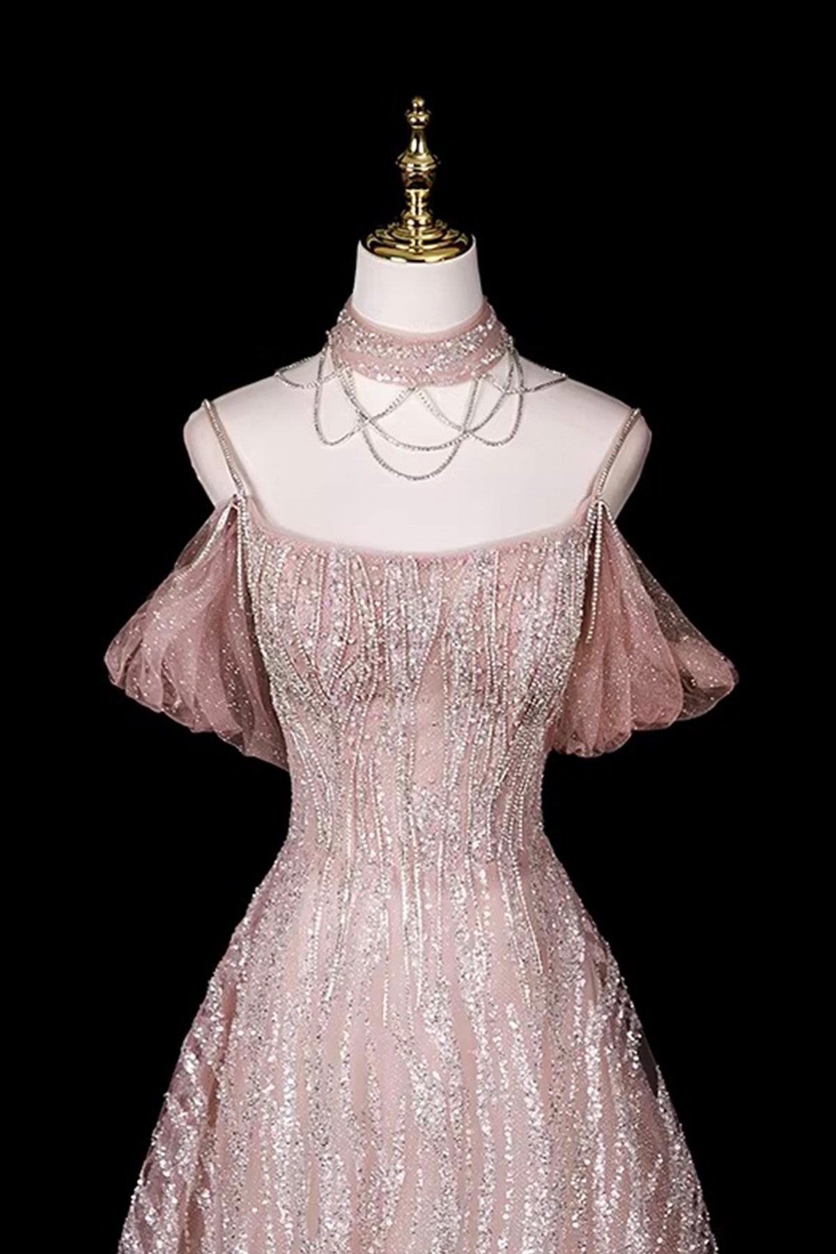 Off-the-Shoulder Pink Sequin Tulle Evening Gown | Formal Prom Dress