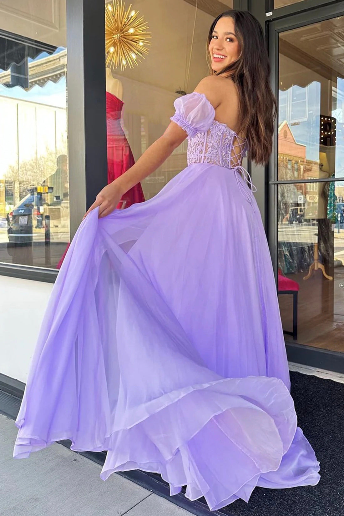 Lavender Chiffon Lace Long Prom Dress with Corset, Beautiful Evening Party Dress