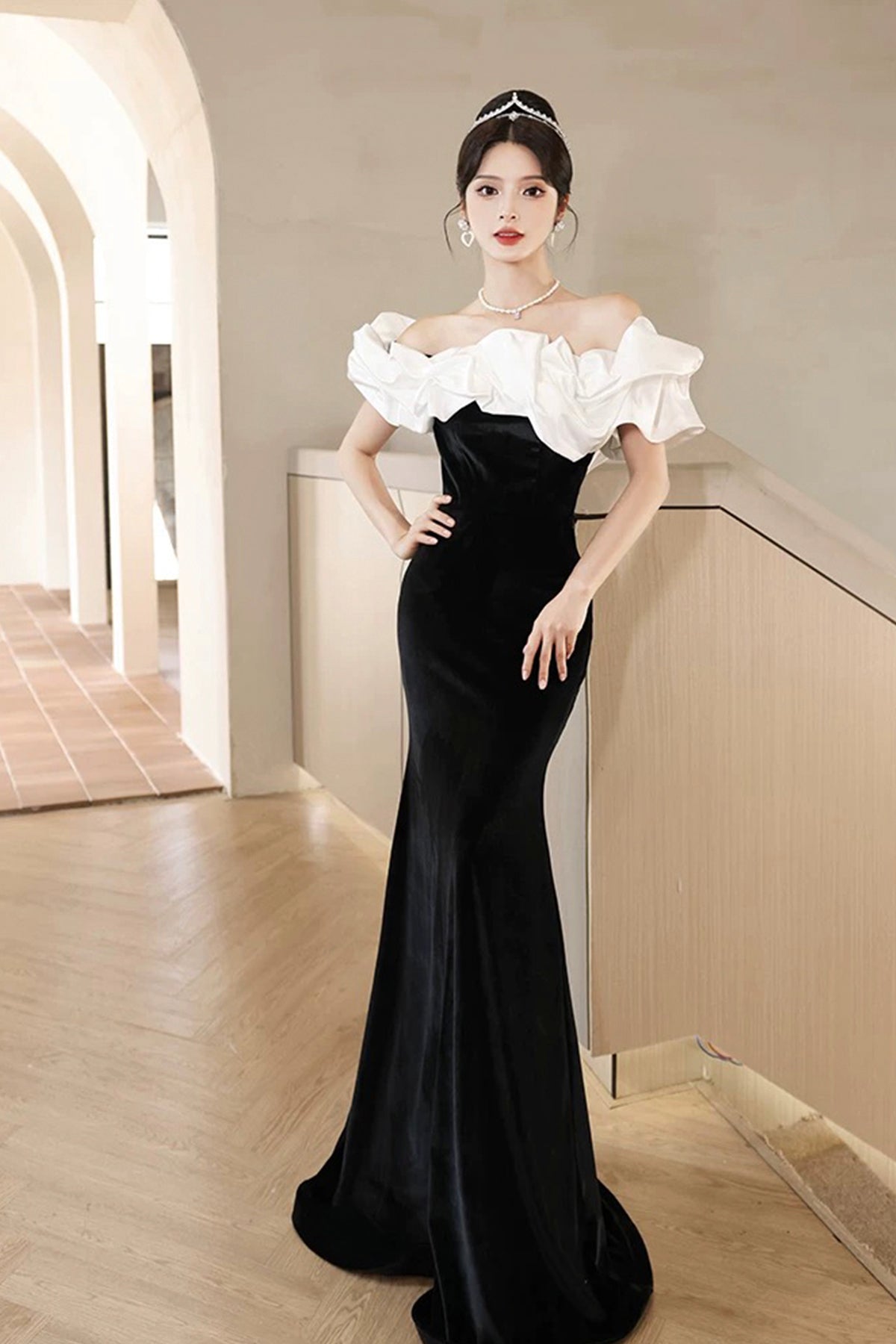 White and Black Velvet Long Prom Dress, Mermaid Off the Shoulder Party White and Black Velvet Long Prom Dress, Mermaid Off the Shoulder Party