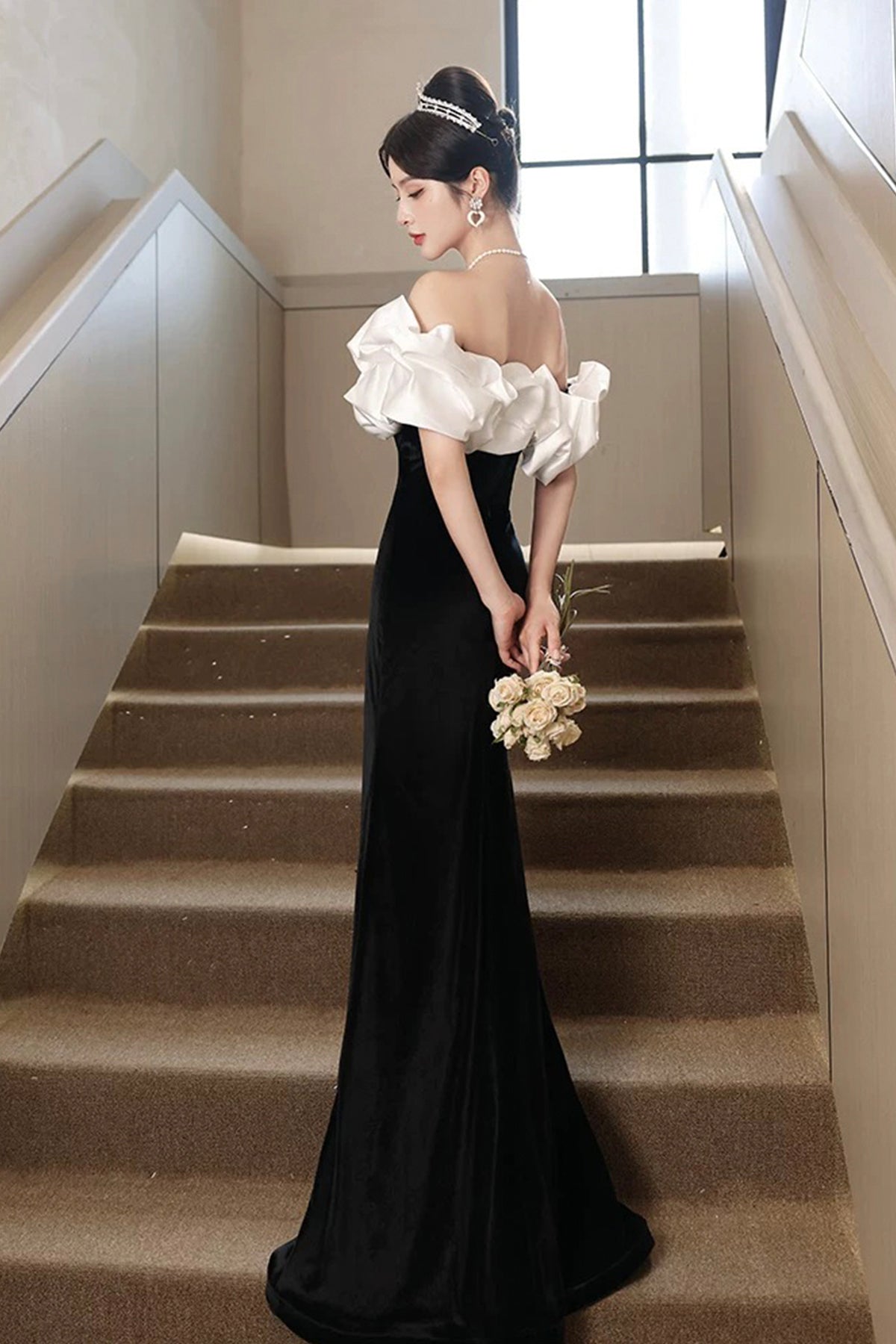 White and Black Velvet Long Prom Dress, Mermaid Off the Shoulder Party Dress