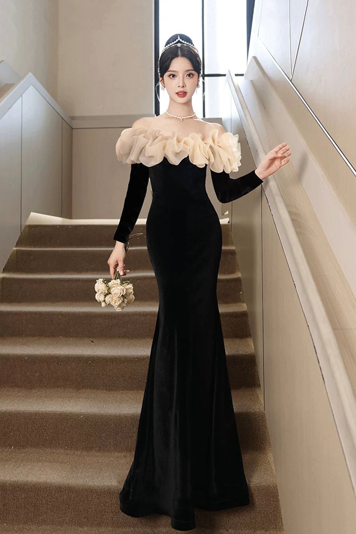 Black Velvet Long Sleeve Prom Dress, Mermaid Off the Shoulder Party Dress